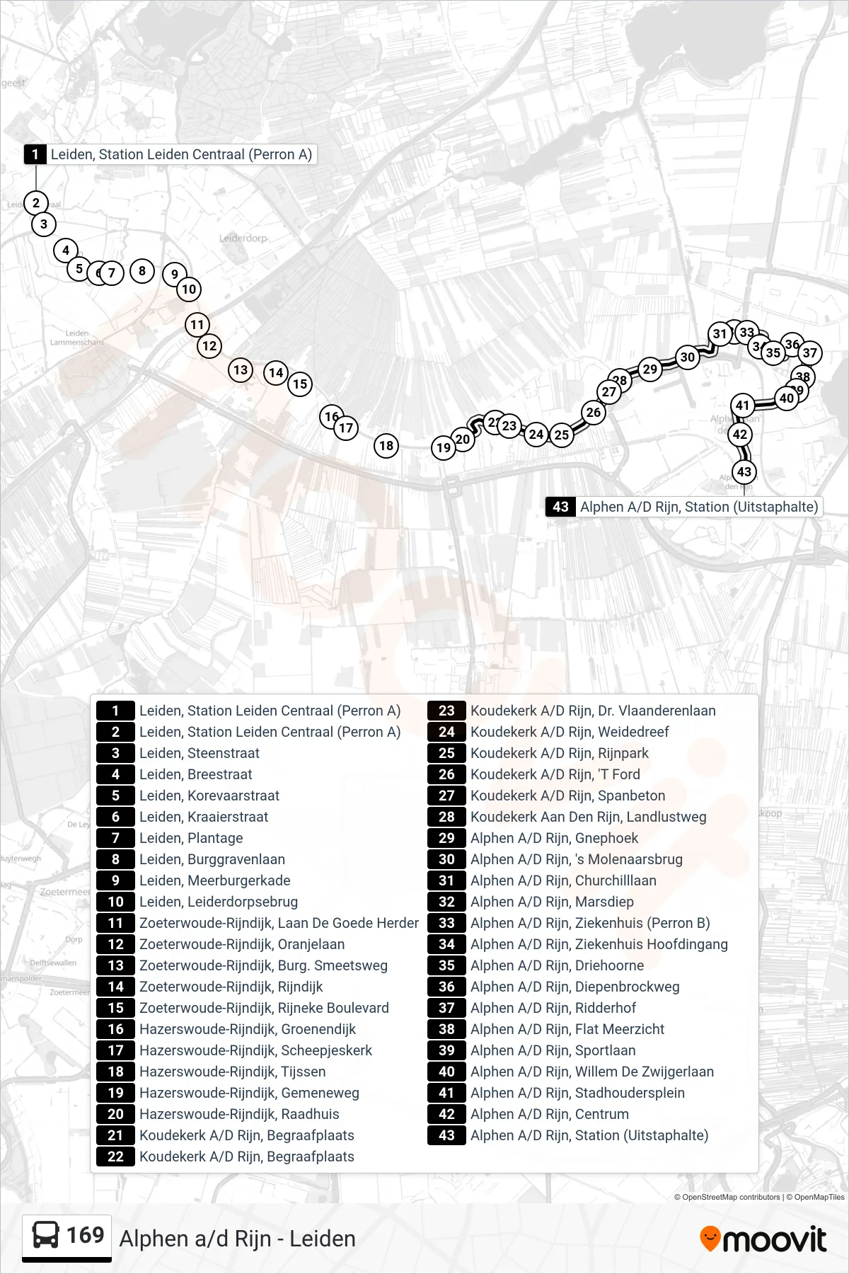 Lijn 169 (bus, Alphen A/D Rijn): route en haltes op de kaart