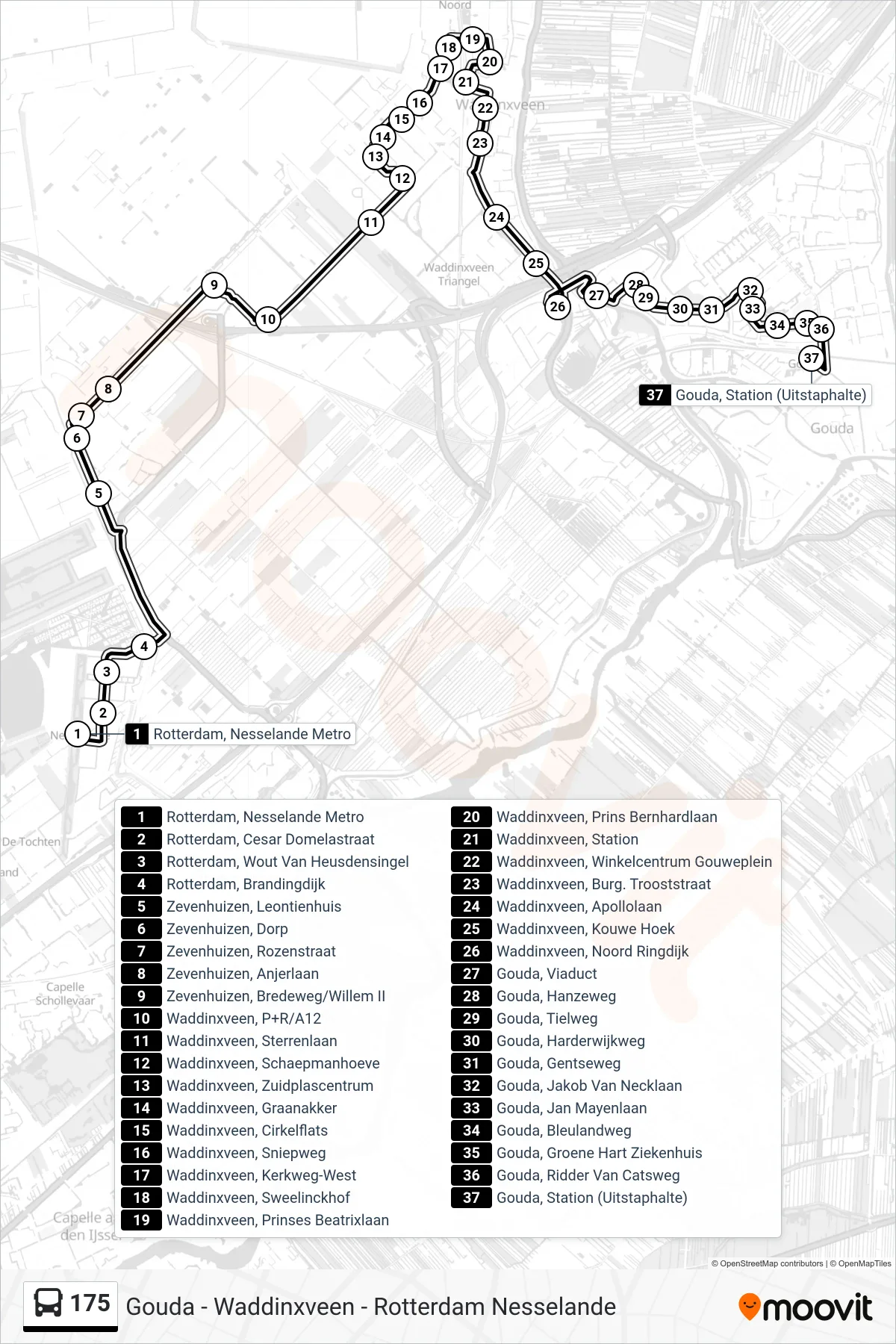 Lijn 175 (bus, Gouda): route en haltes op de kaart
