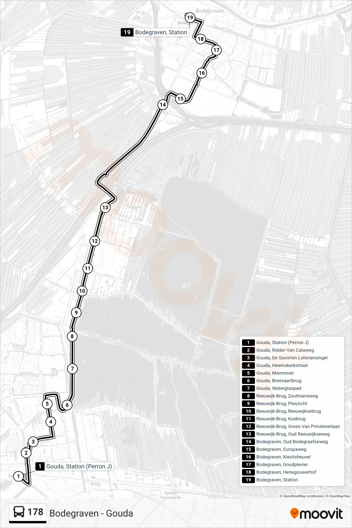Lijn 178 (bus, Bodegraven Station): route en haltes op de kaart