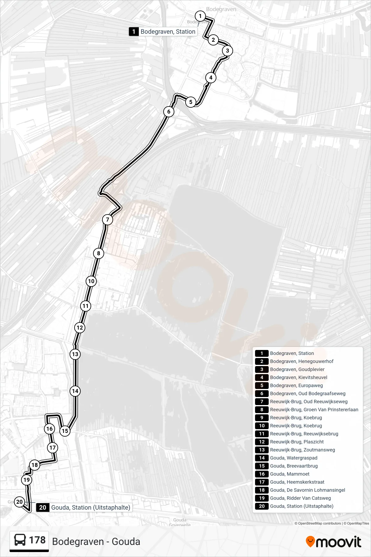 Lijn 178 (bus, Gouda Station): route en haltes op de kaart