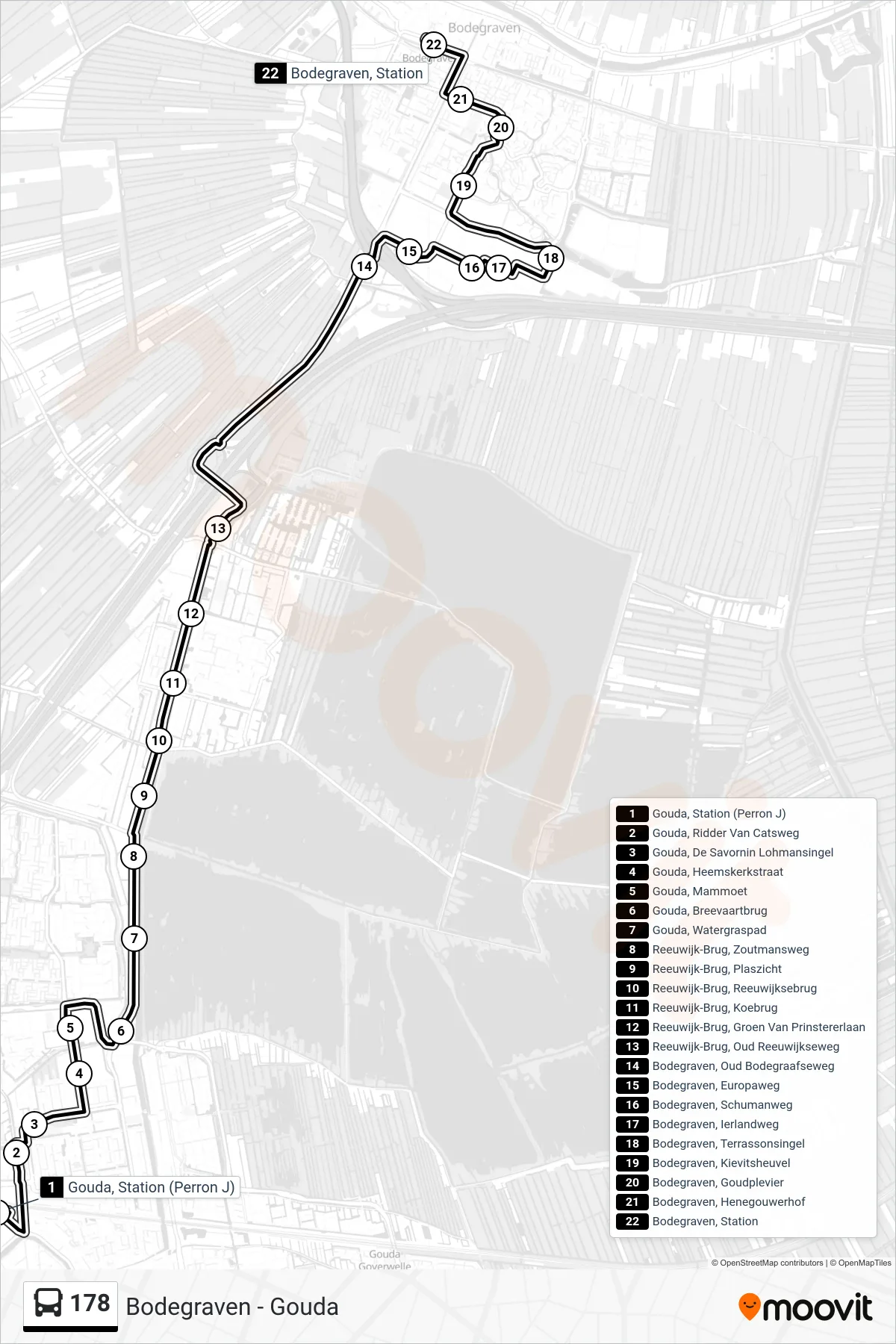 Lijn 178 (bus, Bodegraven): route en haltes op de kaart