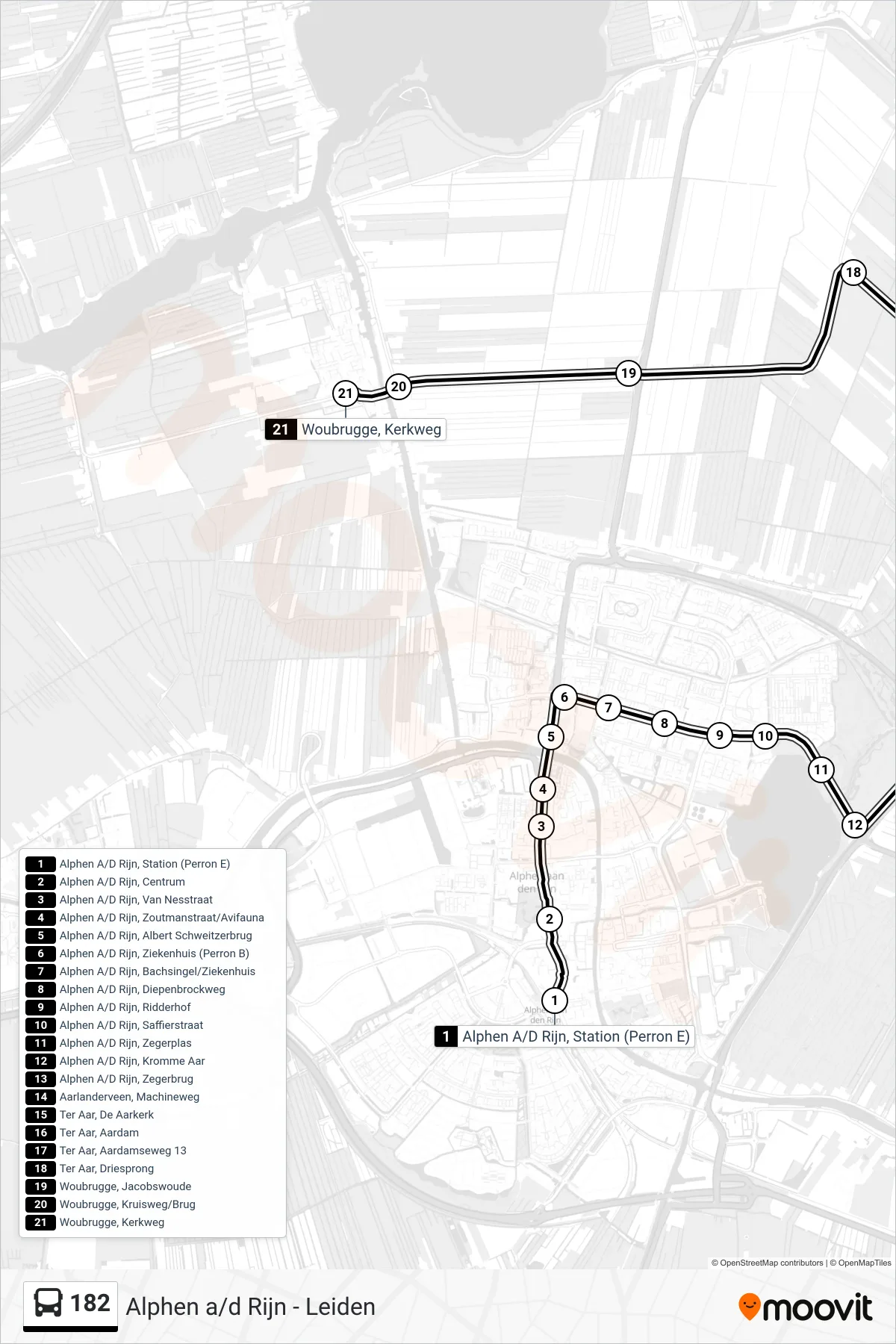 Lijn 182 (bus, Woubrugge): route en haltes op de kaart