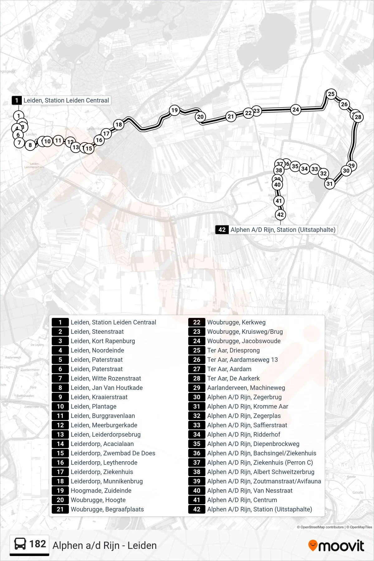 Lijn 182 (bus, Alphen A/D Rijn): route en haltes op de kaart