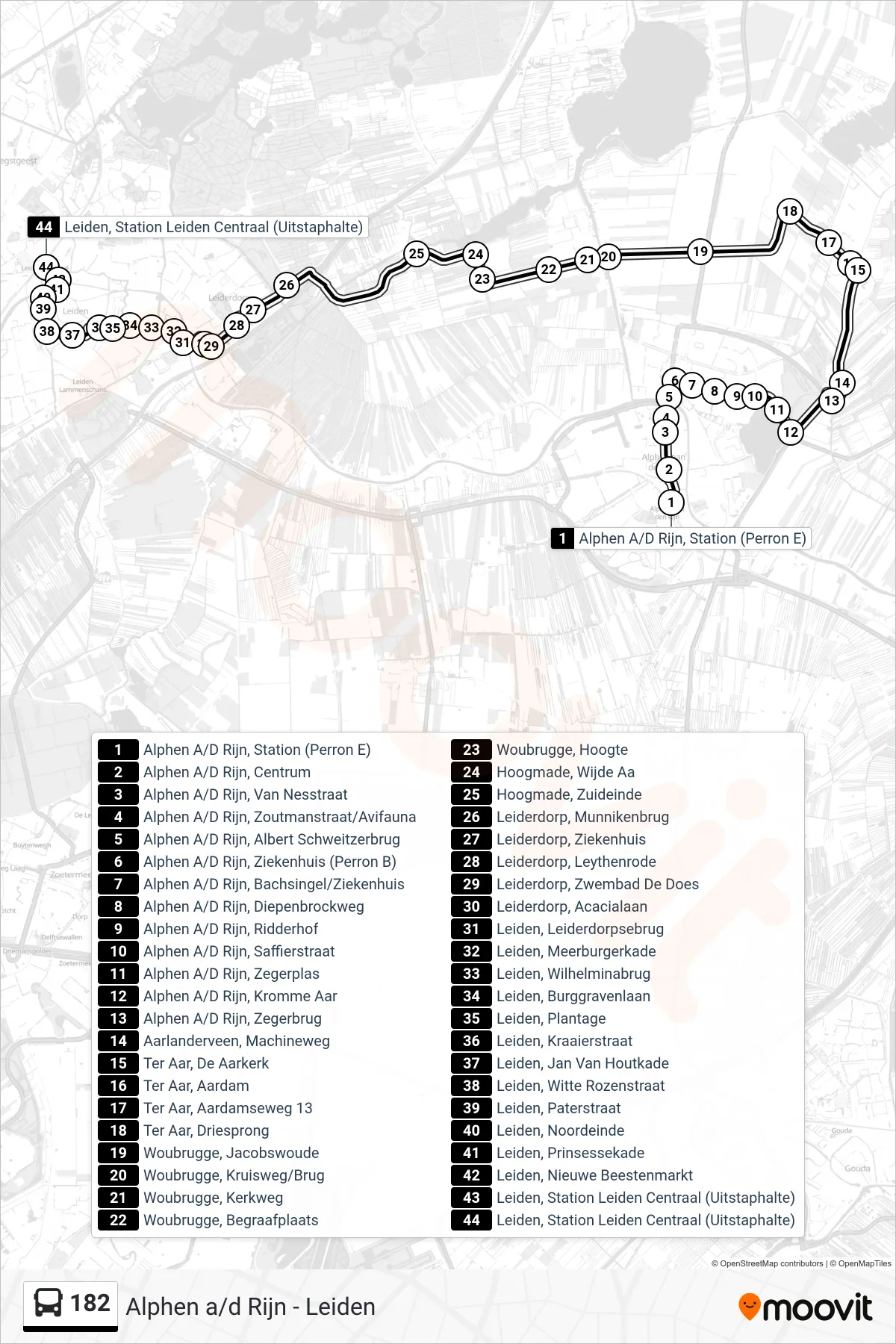 Lijn 182 (bus, Leiden Cs): route en haltes op de kaart
