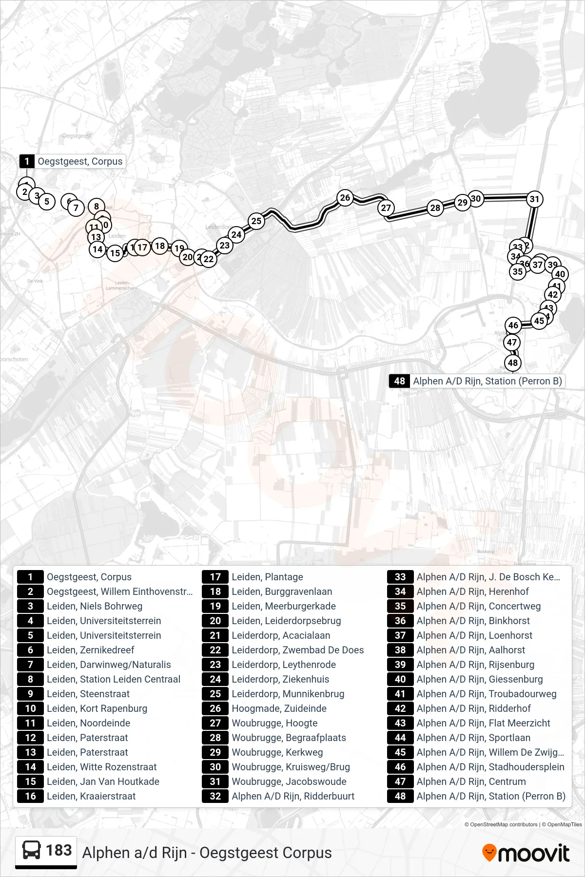 Lijn 183 (bus, Alphen A/D Rijn): route en haltes op de kaart