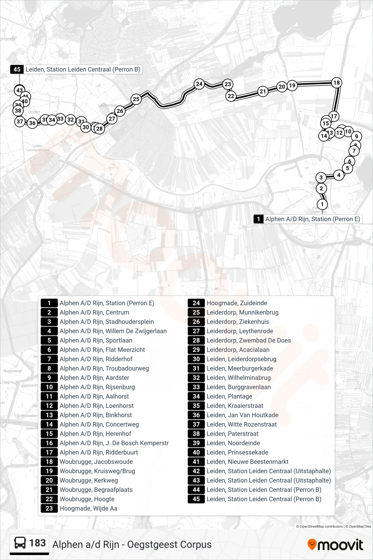 Lijn 183 (bus, Leiden Cs): route en haltes op de kaart