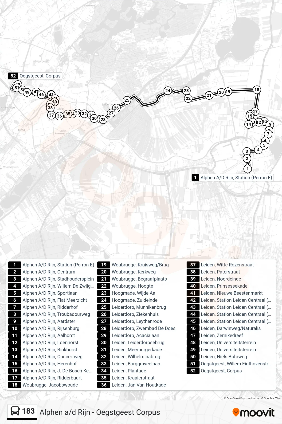Lijn 183 (bus, Bio Science Park): route en haltes op de kaart