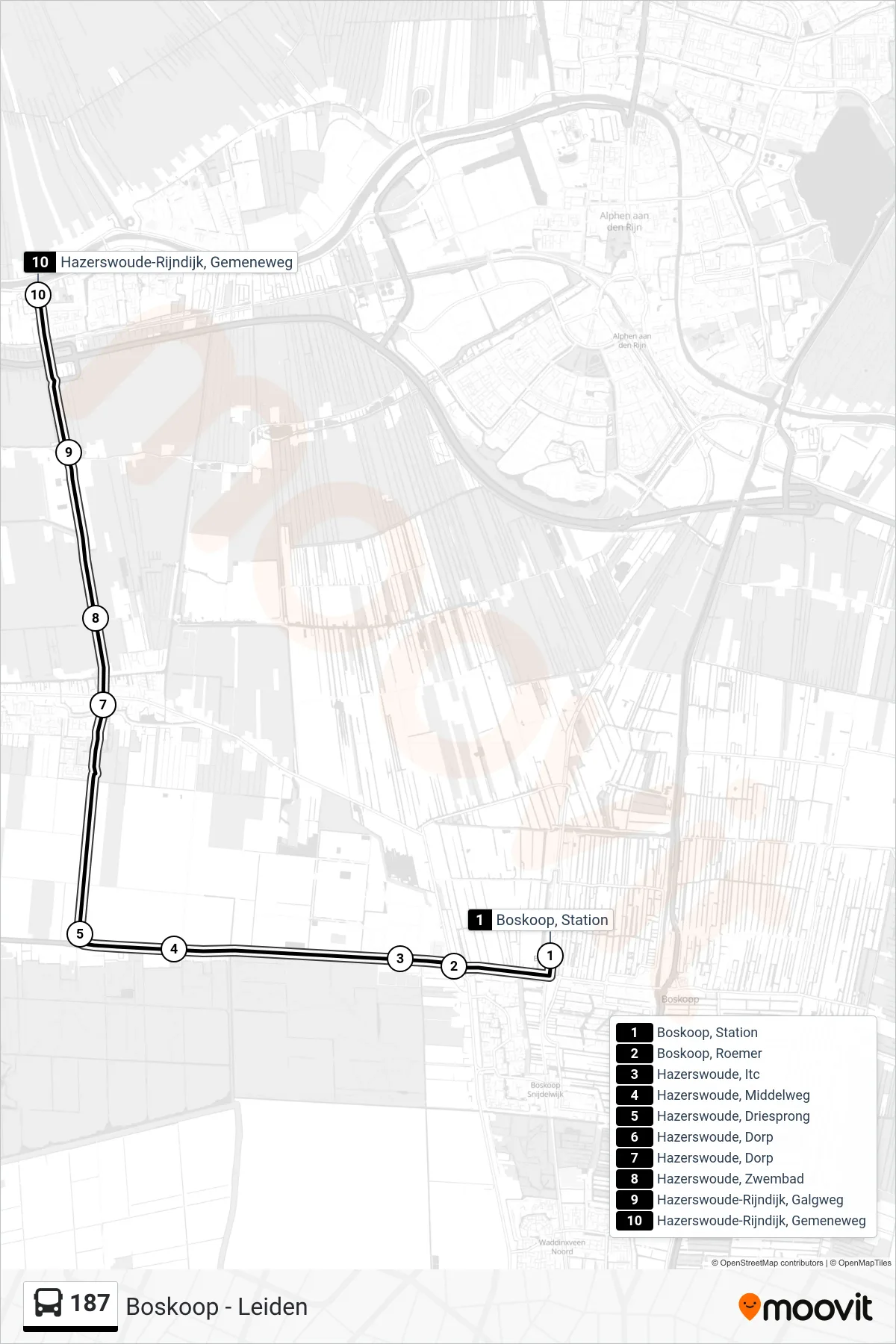 Lijn 187 (bus, Hazerswoude-Rijndijk): route en haltes op de kaart