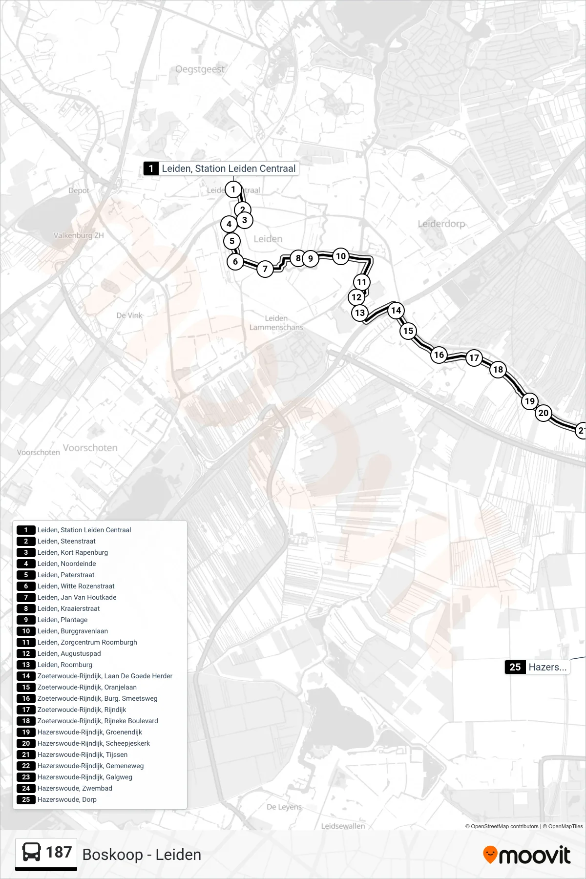 Lijn 187 (bus, Hazerswoude-Dorp): route en haltes op de kaart