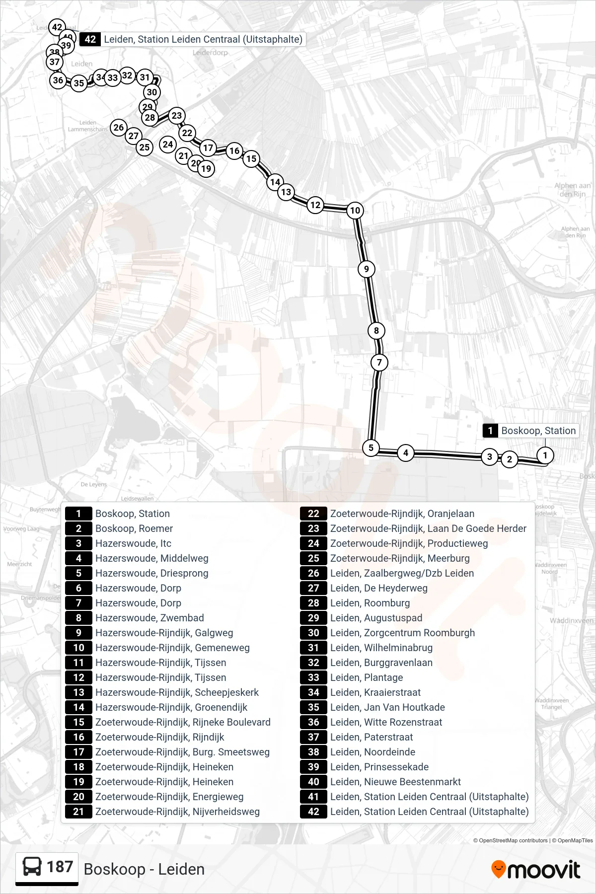Lijn 187 (bus, Leiden Cs): route en haltes op de kaart