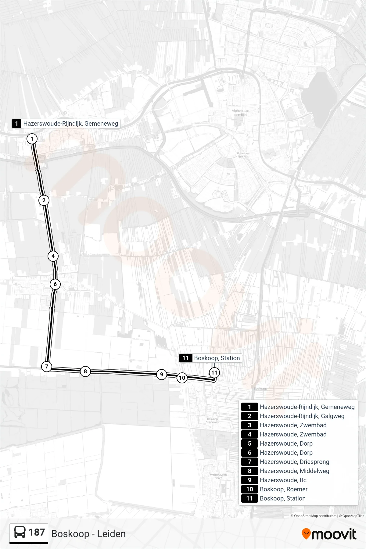 187 bus Line (Boskoop Station) route and stops on a map