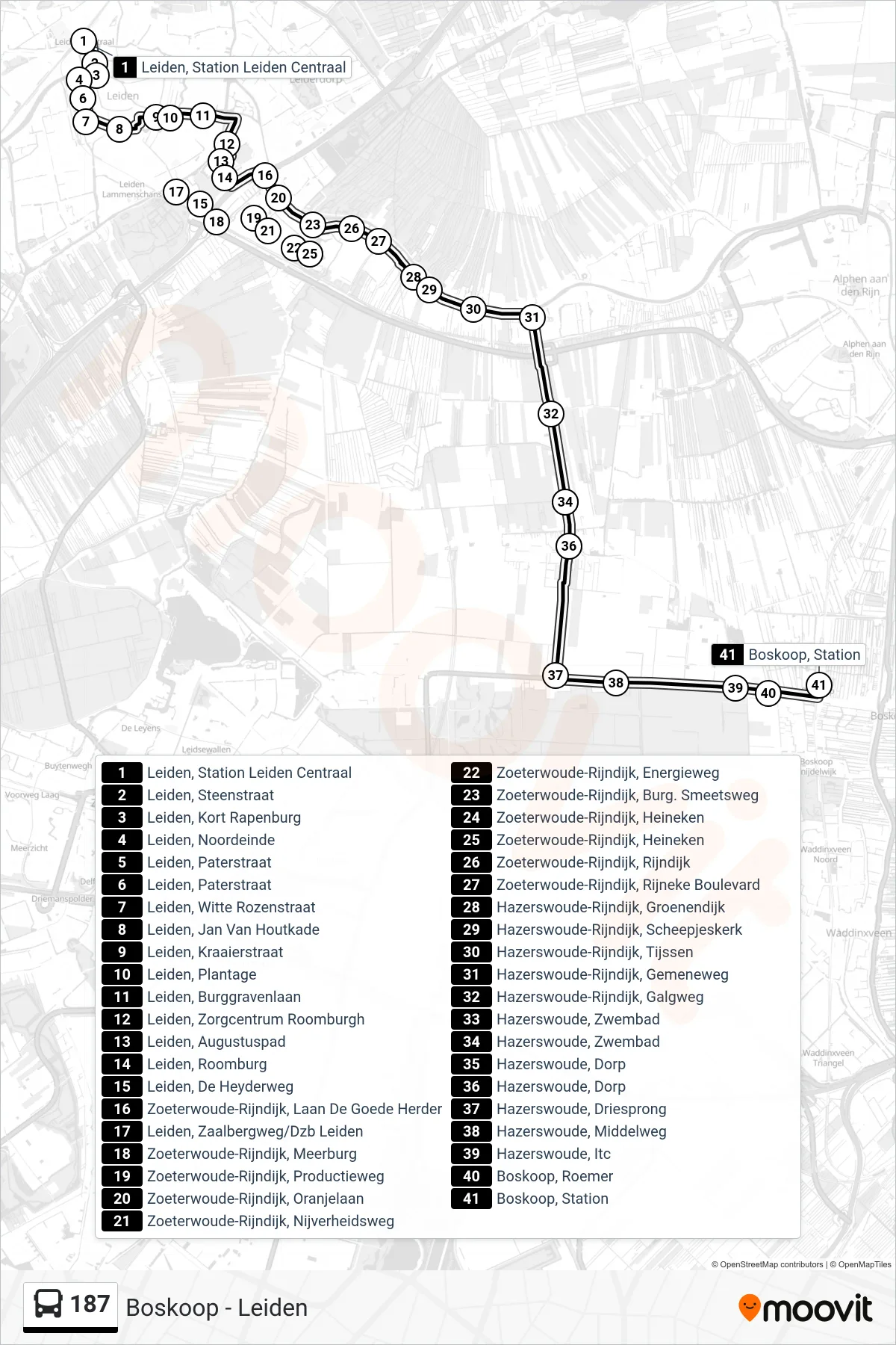 187 bus Line (Boskoop) route and stops on a map