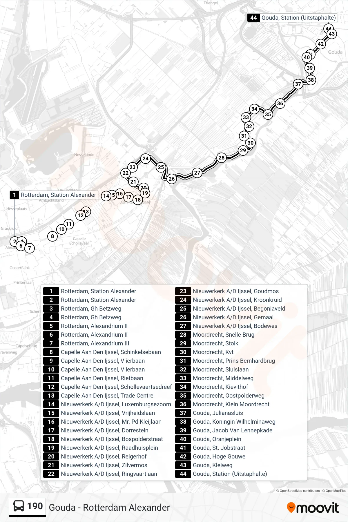 Lijn 190 (bus, Gouda): route en haltes op de kaart