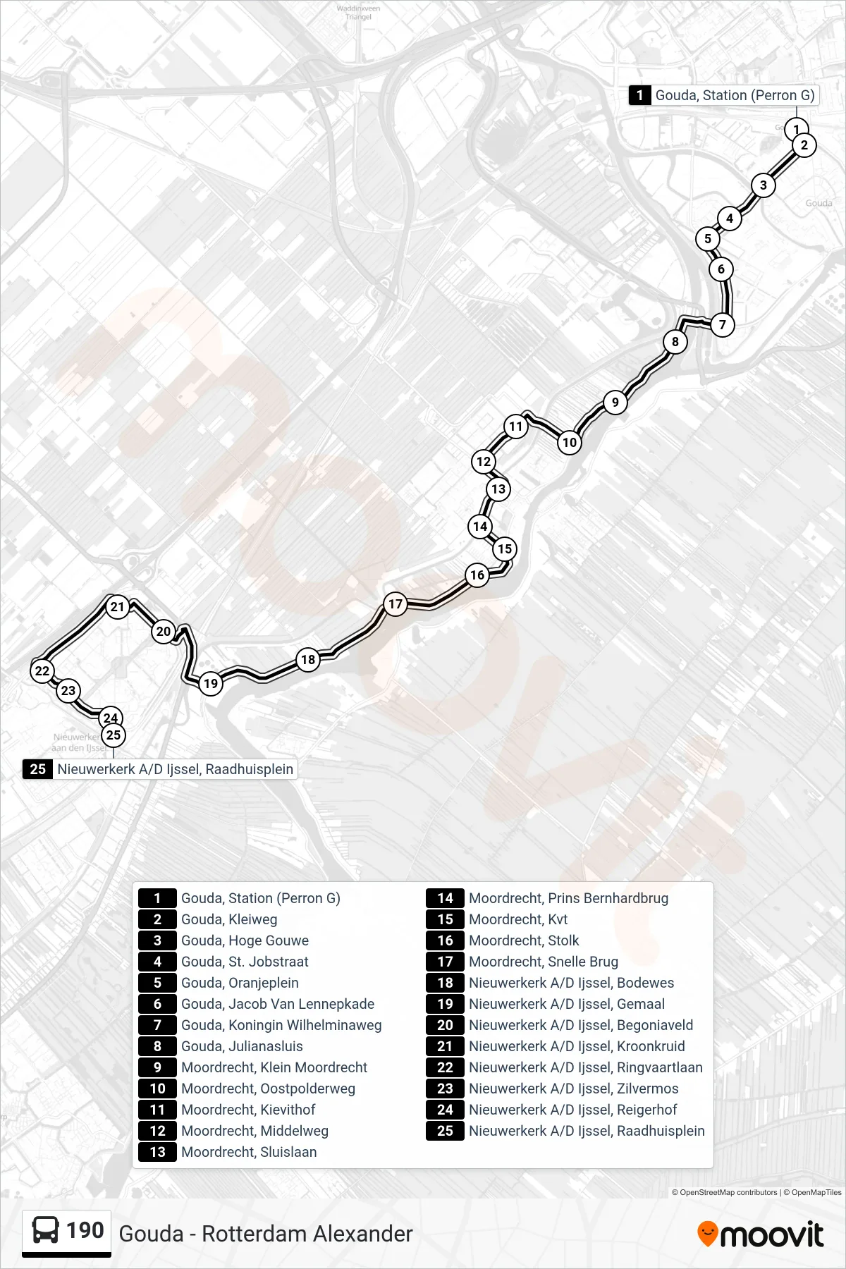 Lijn 190 (bus, Nieuwerkerk A/D Ijssel): route en haltes op de kaart