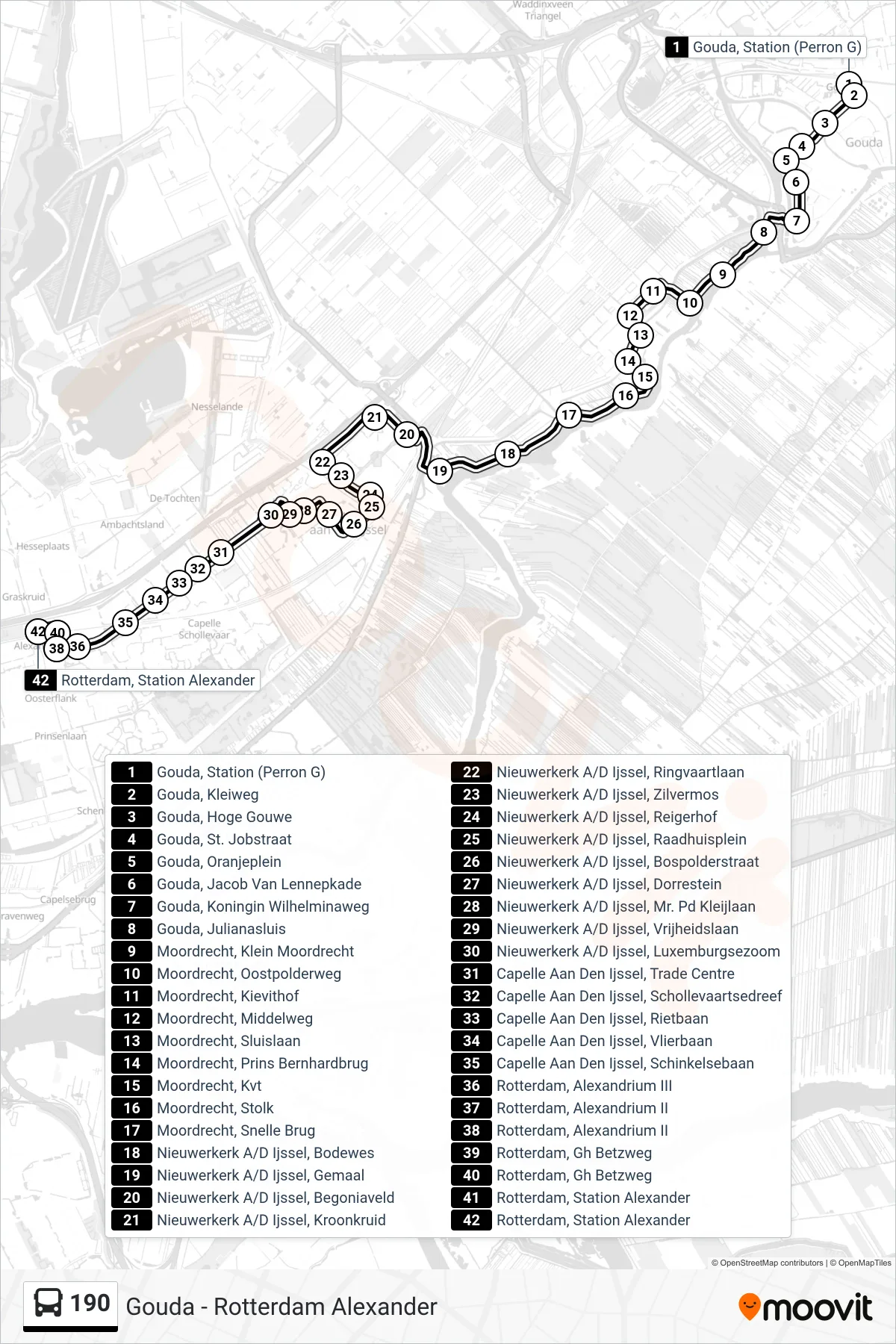 Linie 190 (Bus) Richtung Rotterdam: Route und Haltestellen auf der Karte