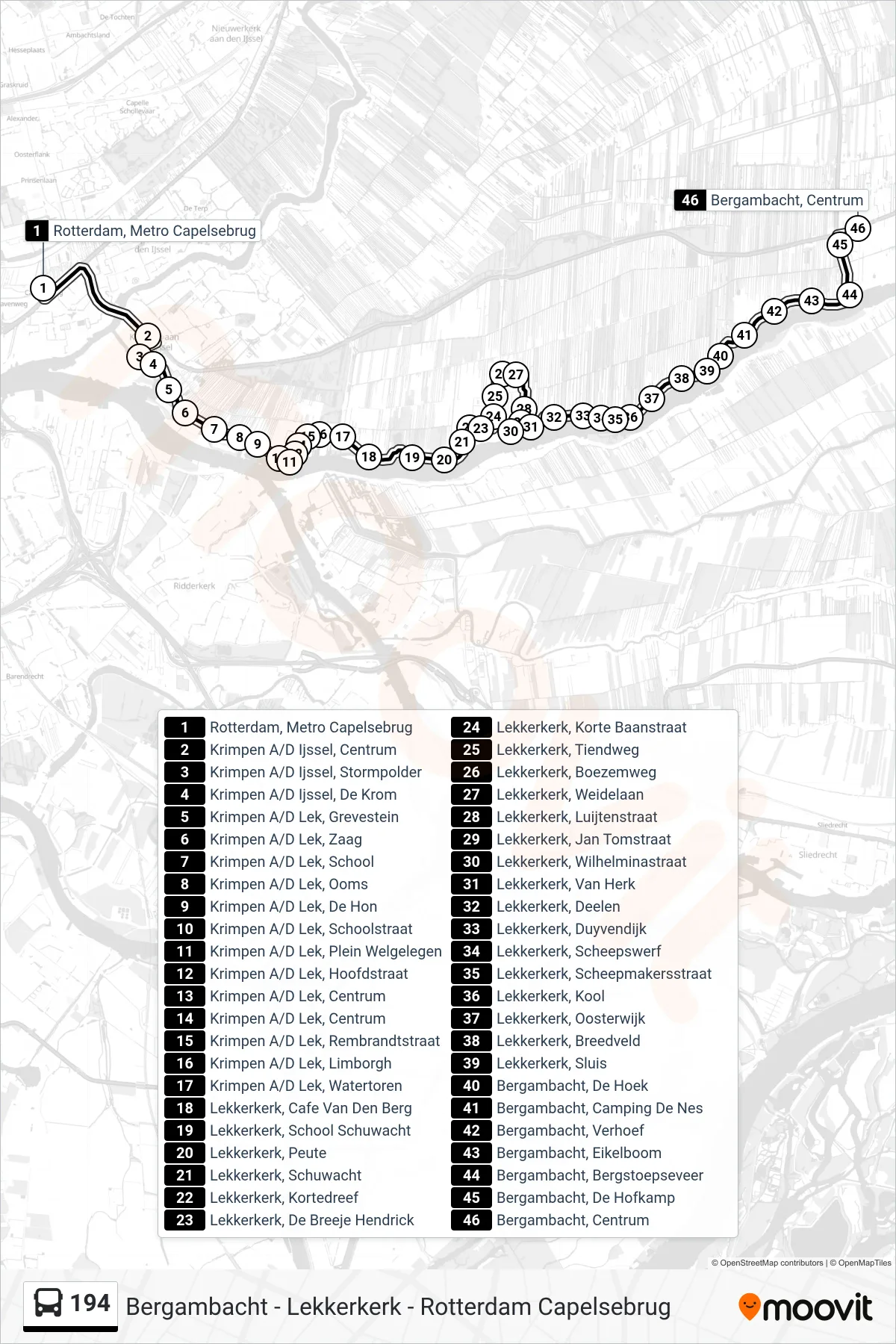 194 bus Line (Bergambacht) route and stops on a map
