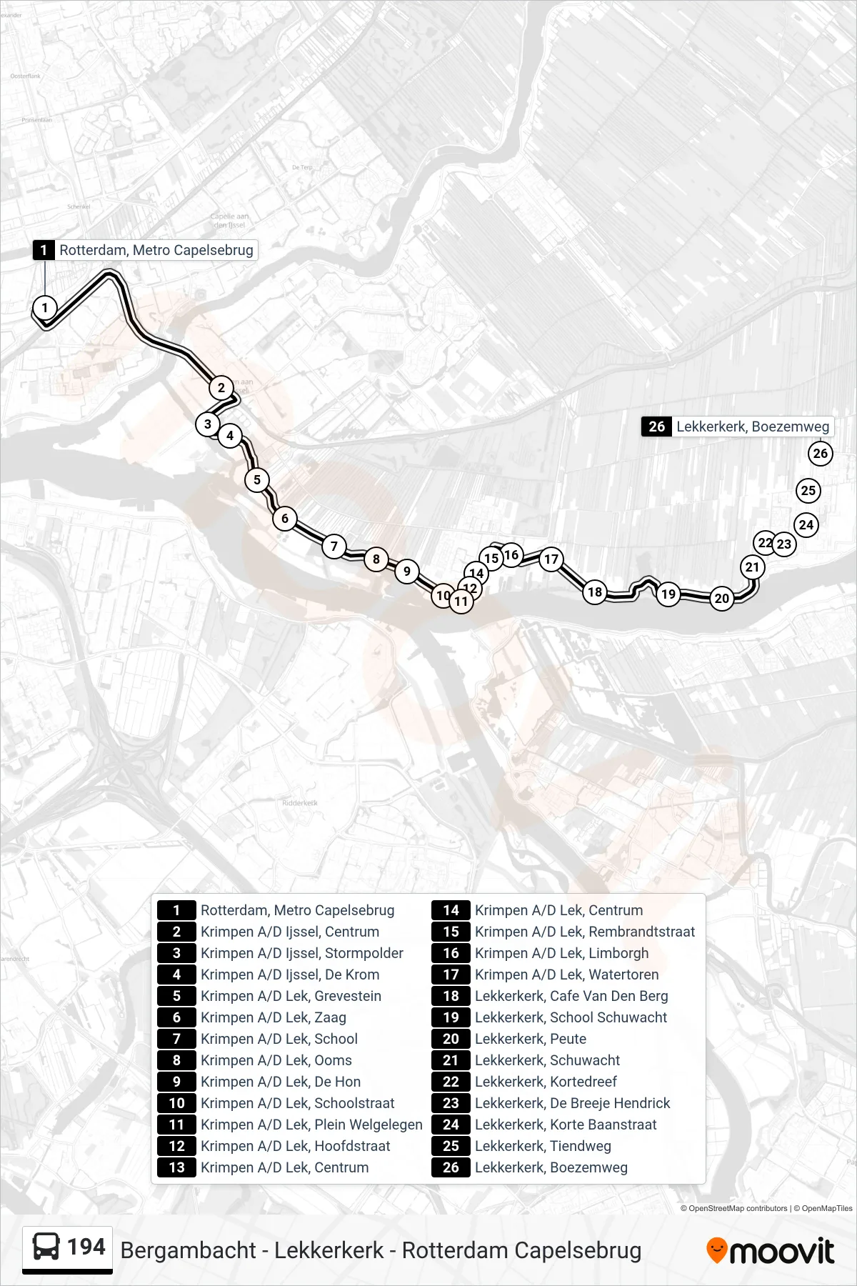 194 bus Line (Lekkerkerk) route and stops on a map