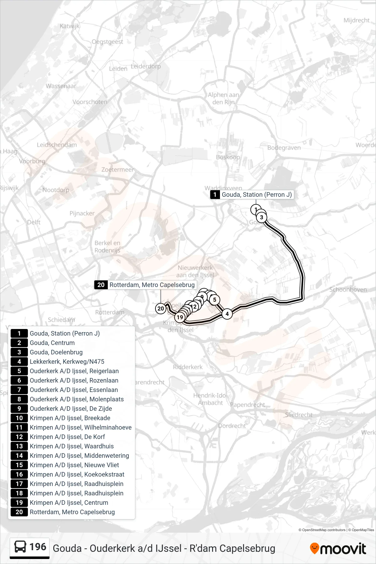 Lijn 196 (bus, Rotterdam): route en haltes op de kaart