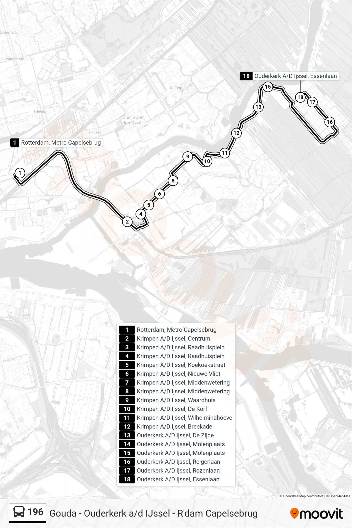Lijn 196 (bus, Ouderkerk A/D Ijssel): route en haltes op de kaart