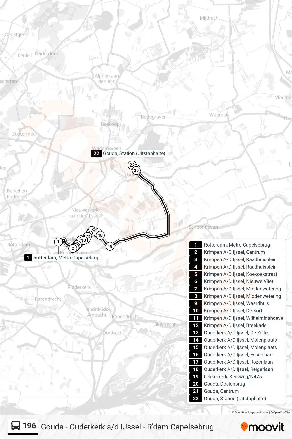 Lijn 196 (bus, Gouda Station): route en haltes op de kaart