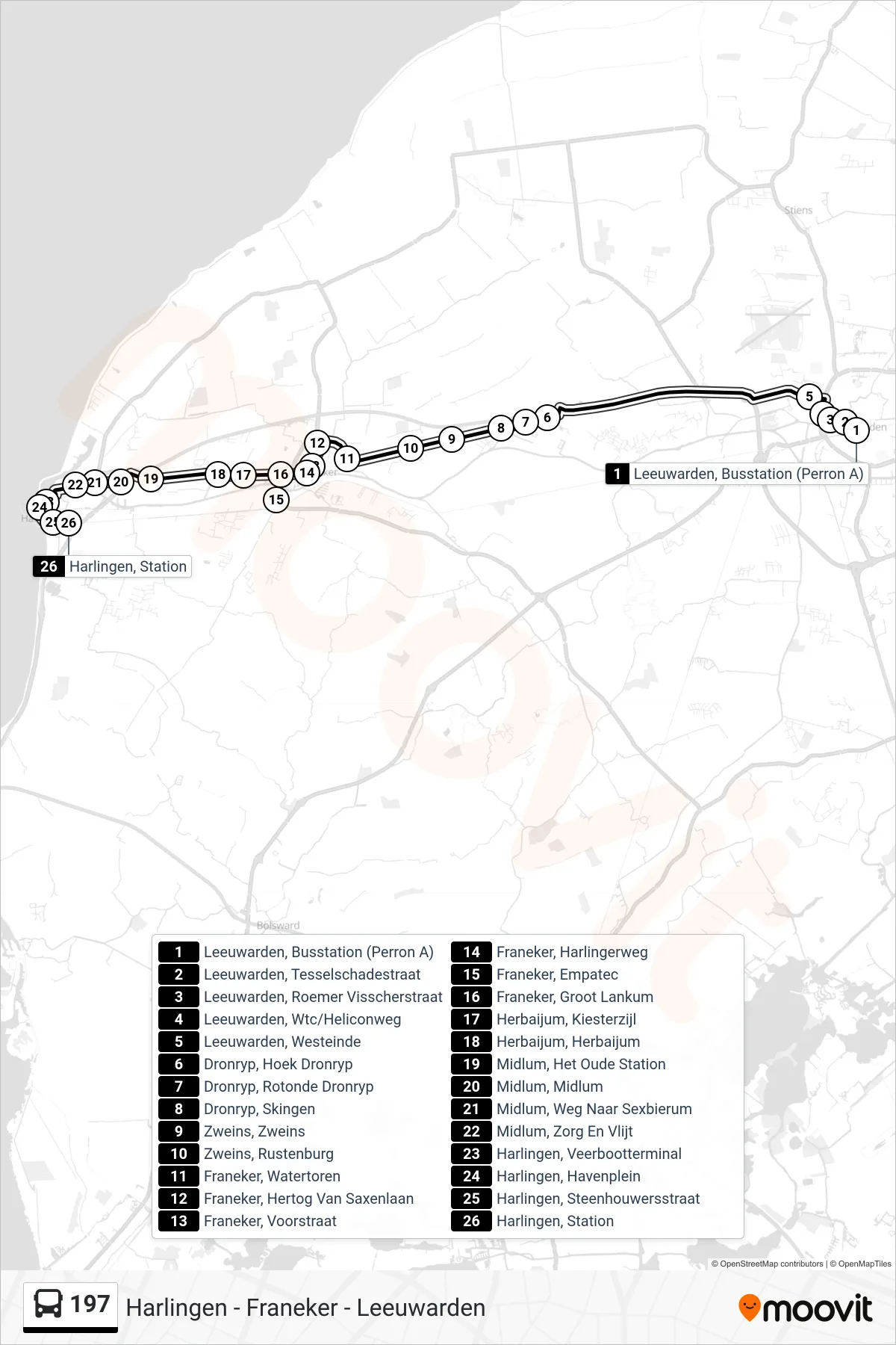 Lijn 197 (bus, Harlingen): route en haltes op de kaart