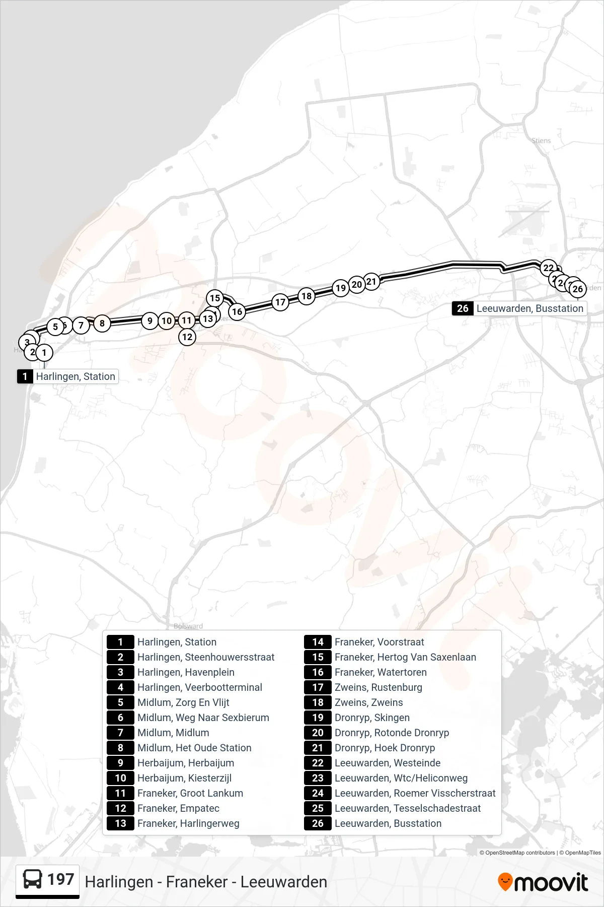 197 bus Line (Leeuwarden) route and stops on a map