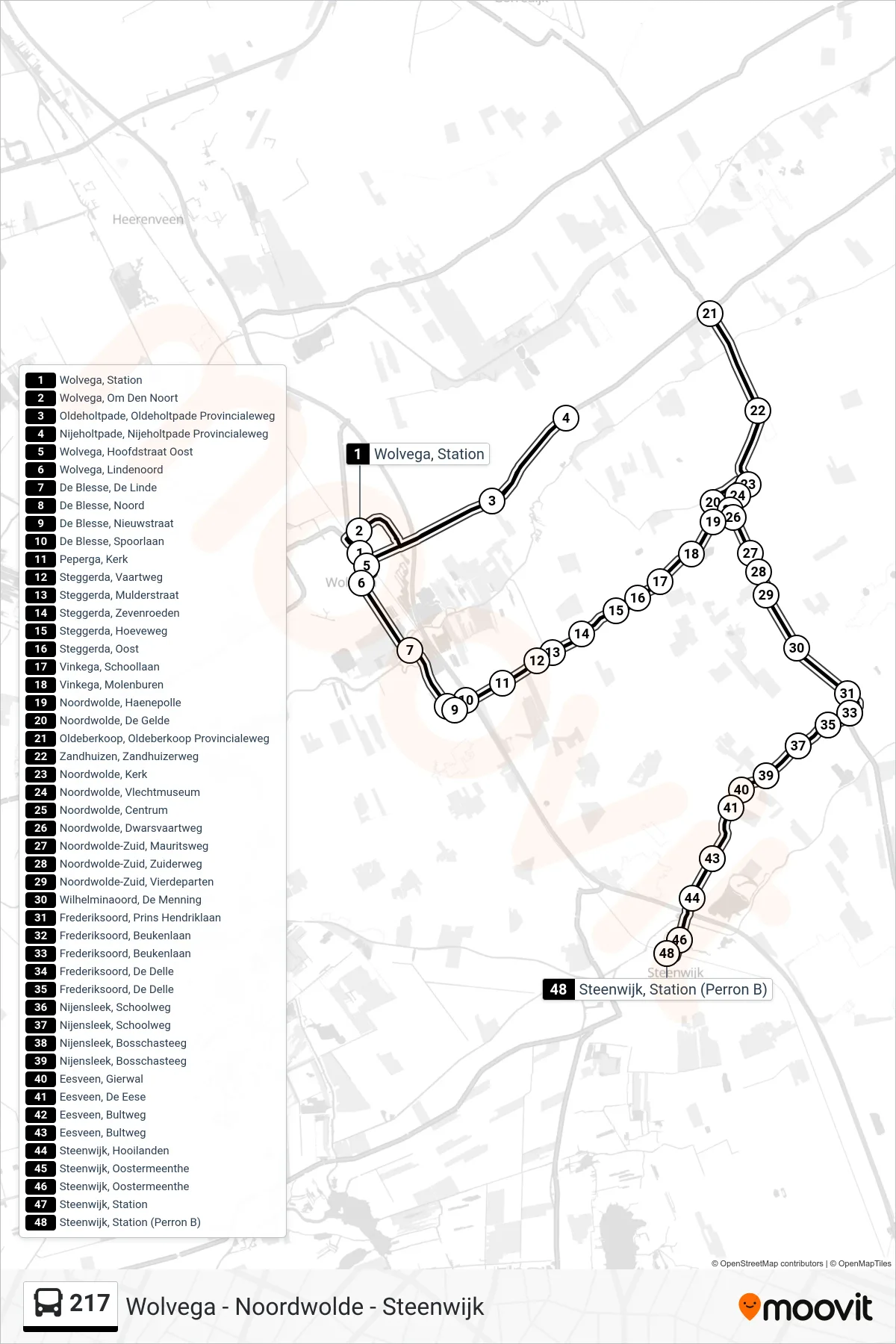 217 bus Line (Steenwijk) route and stops on a map