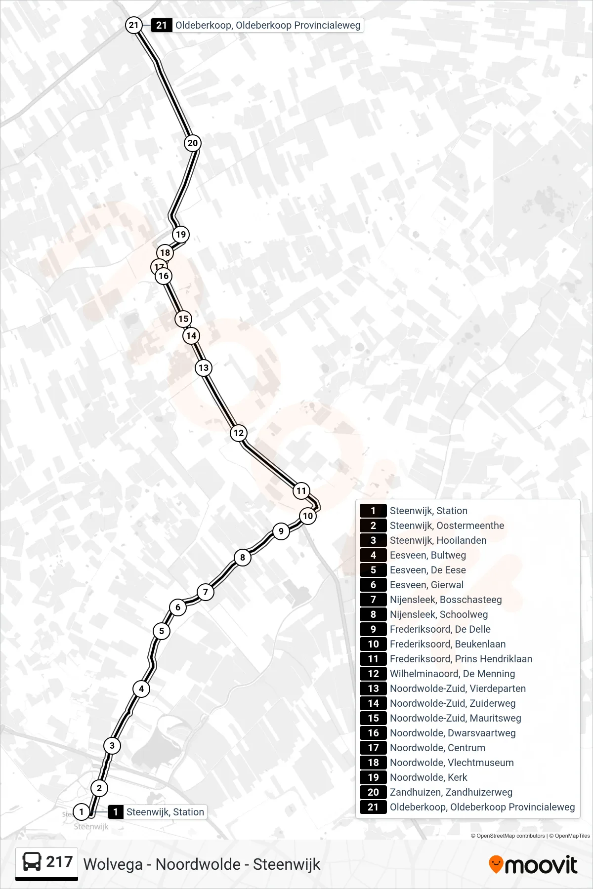 Lijn 217 (bus, Oldeberkoop): route en haltes op de kaart