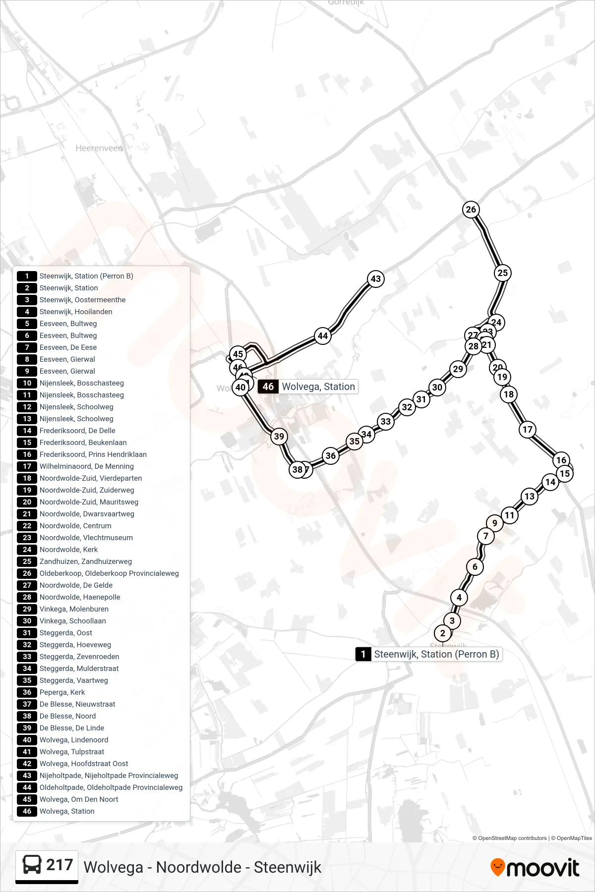 Lijn 217 (bus, Wolvega): route en haltes op de kaart