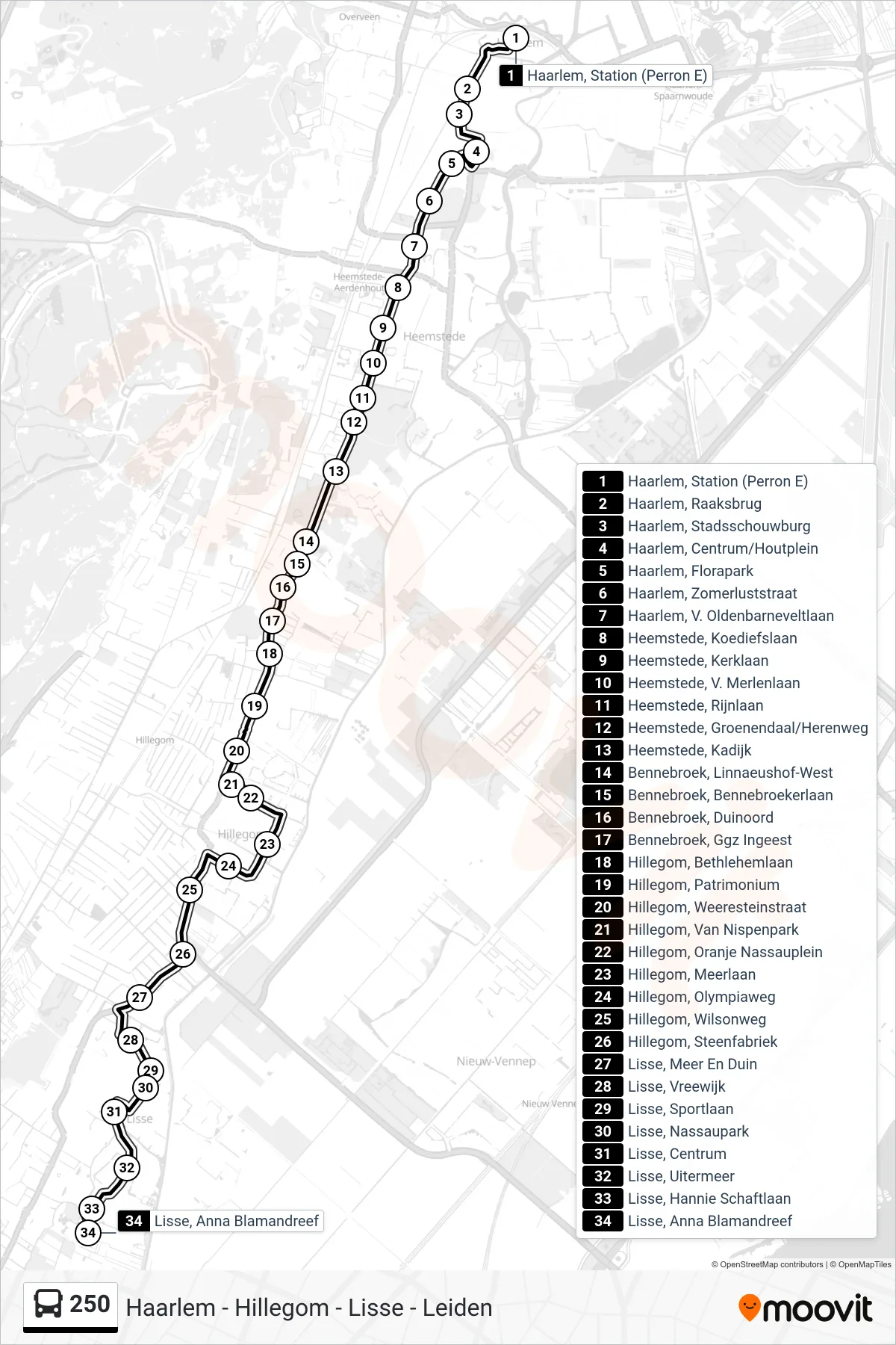 Lijn 250 (bus, Lisse): route en haltes op de kaart