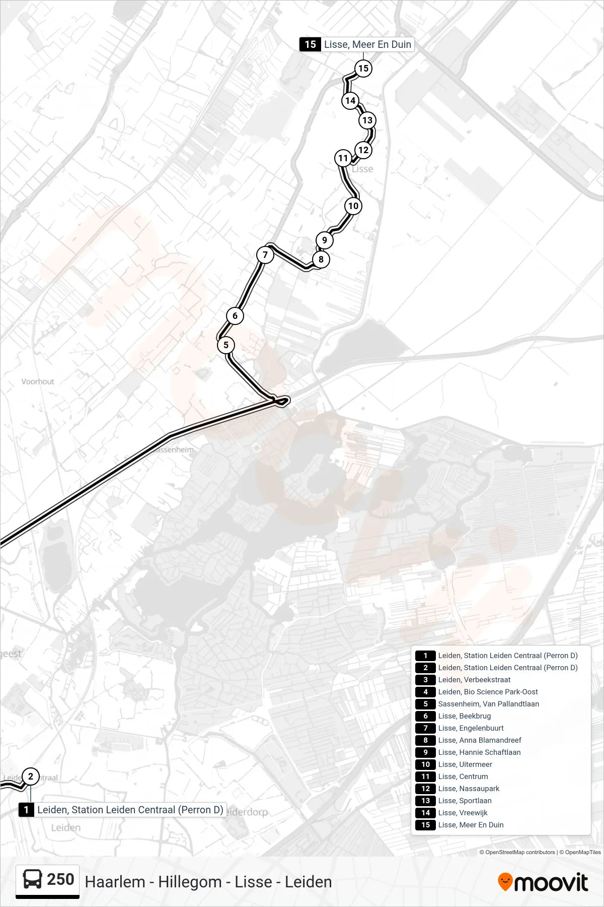 Lijn 250 (bus, Lisse): route en haltes op de kaart