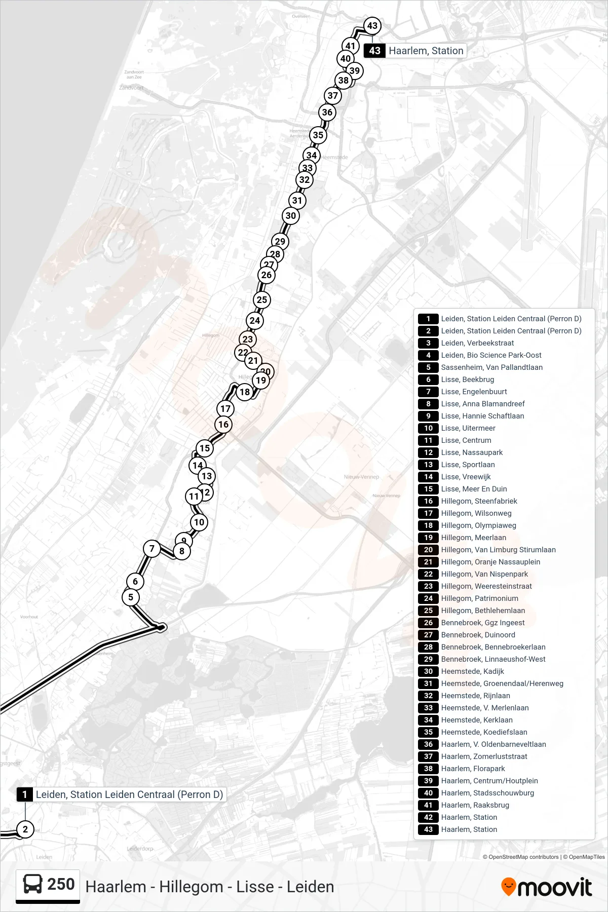 Lijn 250 (bus, Haarlem): route en haltes op de kaart