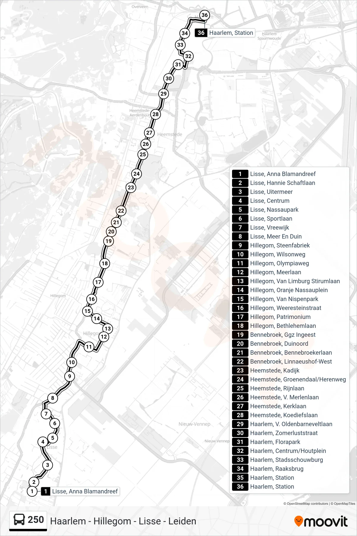 Lijn 250 (bus, Haarlem Station): route en haltes op de kaart
