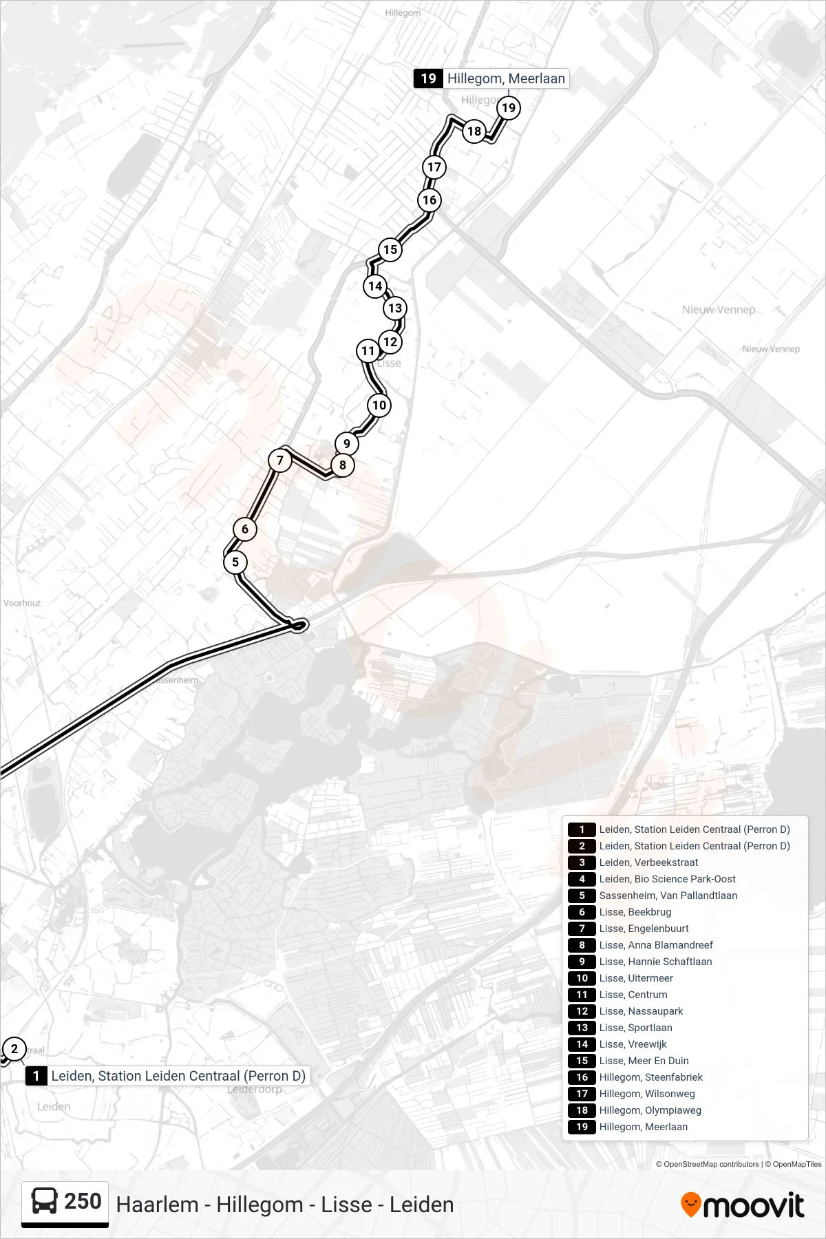 Lijn 250 (bus, Hillegom): route en haltes op de kaart