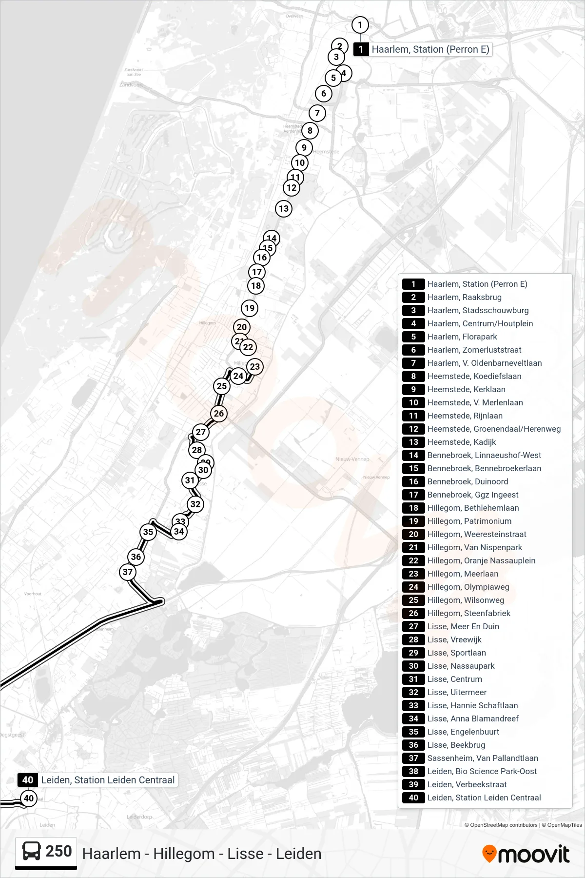 Lijn 250 (bus, Leiden Cs): route en haltes op de kaart