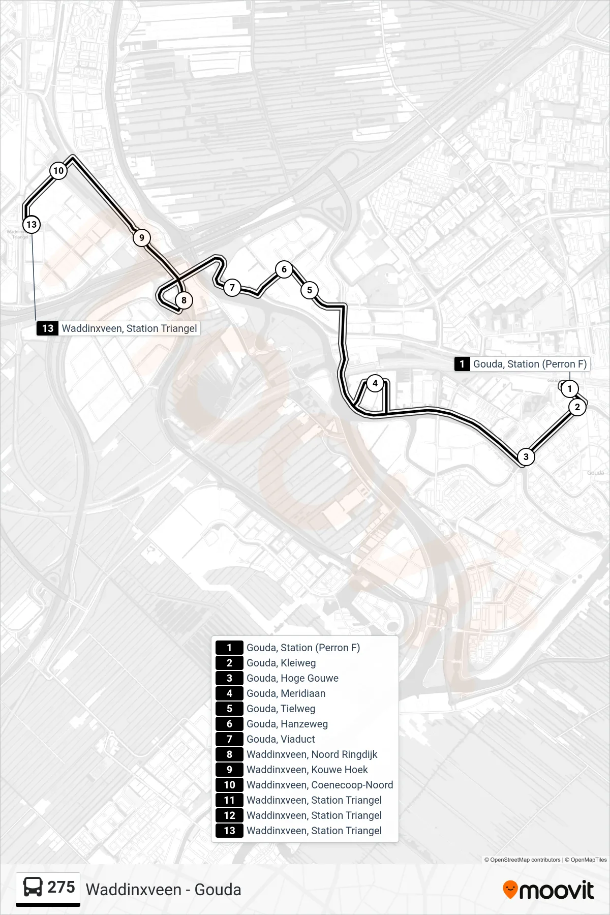 Lijn 275 (bus, Waddinxveen): route en haltes op de kaart