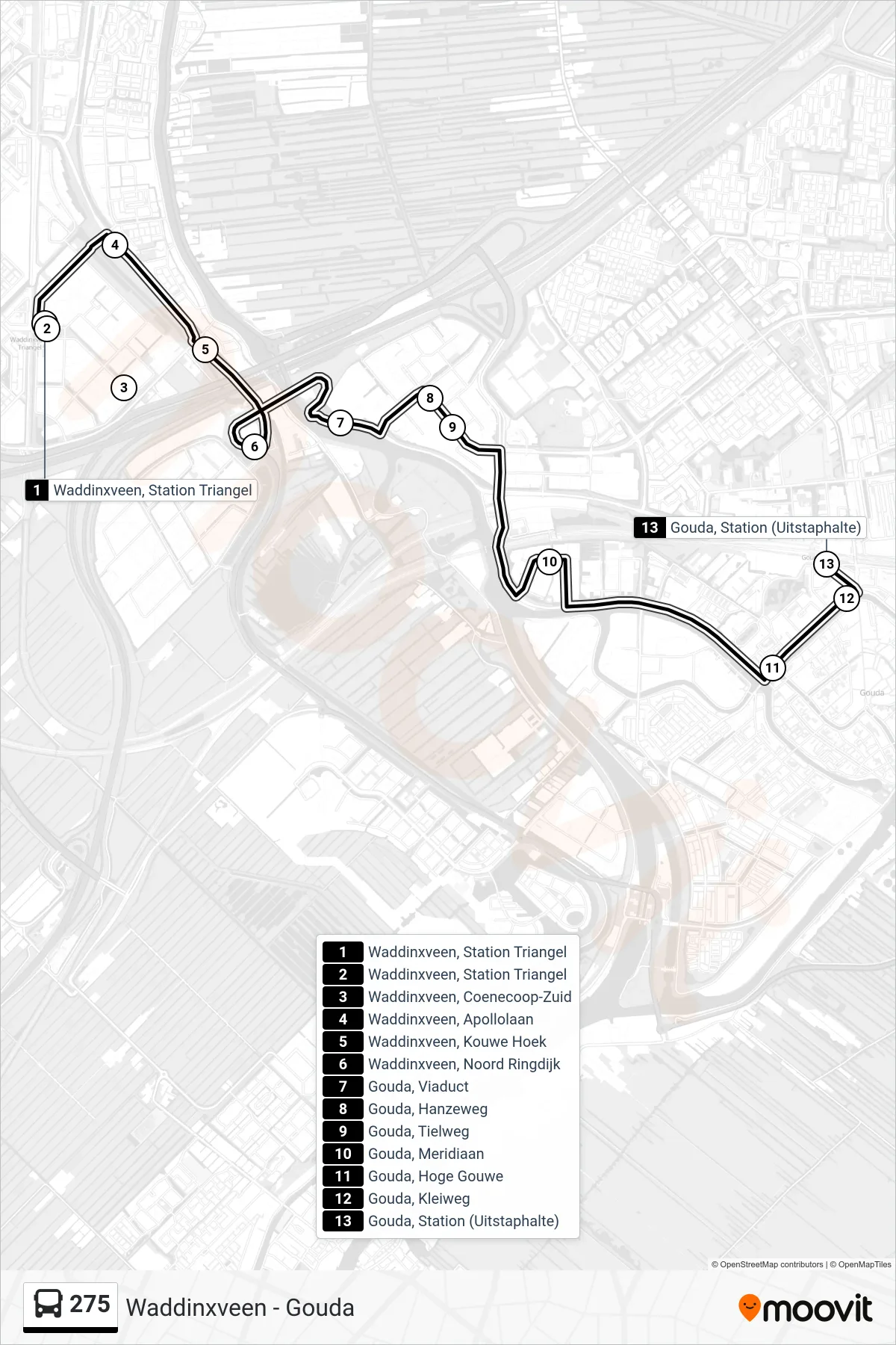 275 bus Line (Gouda Station) route and stops on a map