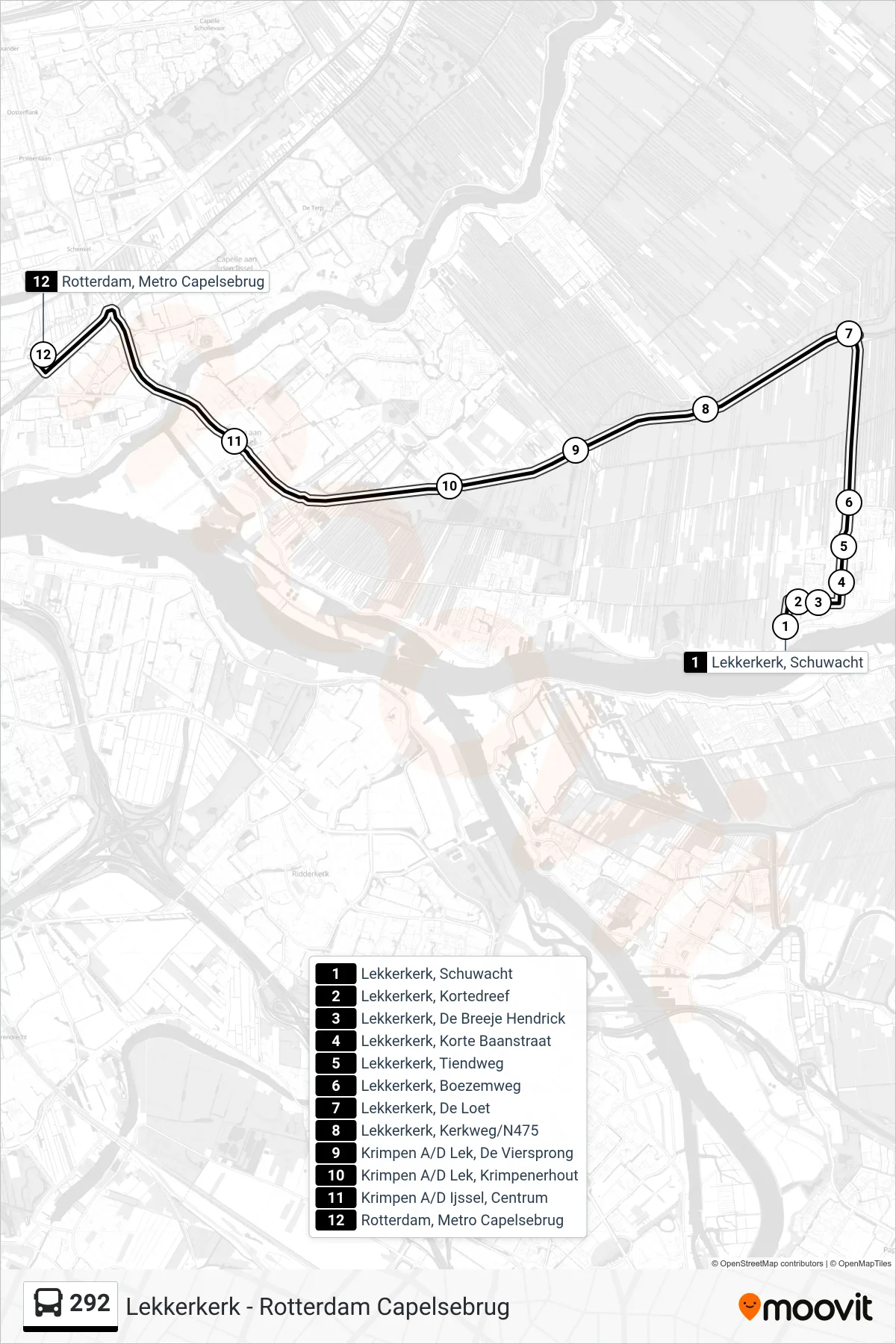 Lijn 292 (bus, Rotterdam): route en haltes op de kaart