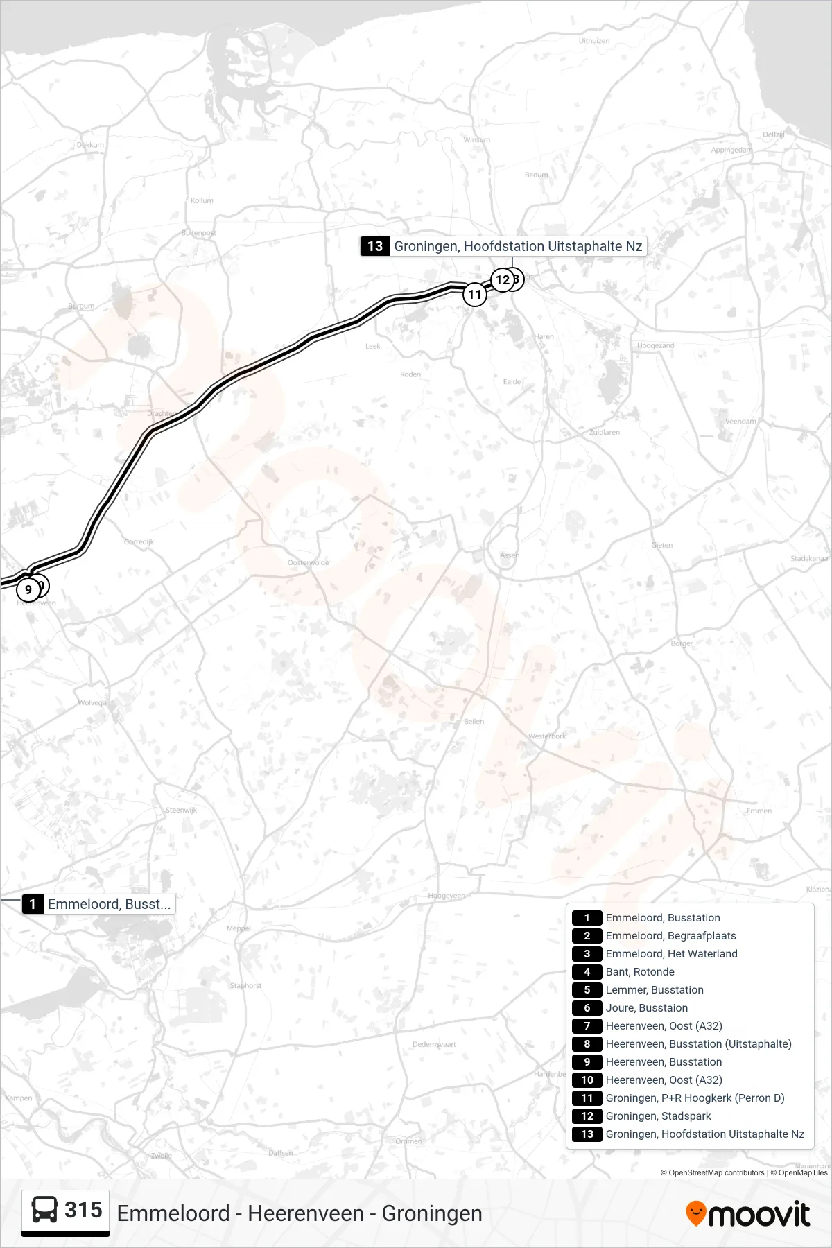 Lijn 315 (bus, Groningen): route en haltes op de kaart