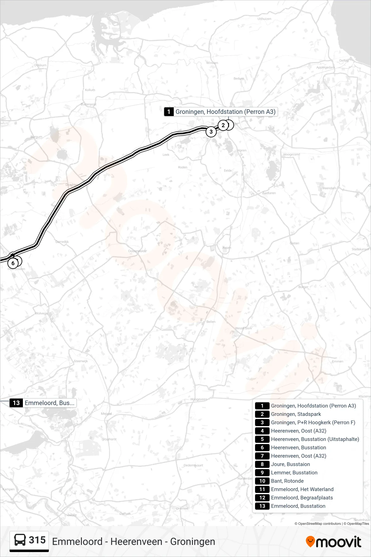 315 bus Line (Emmeloord) route and stops on a map