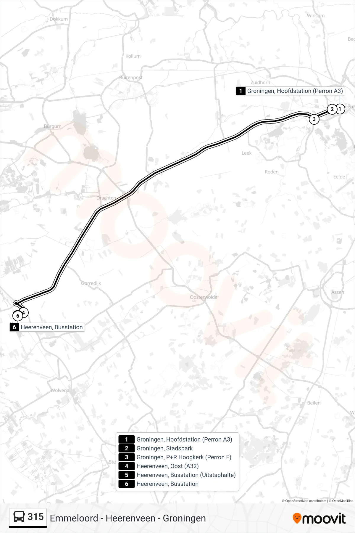 Lijn 315 (bus, Heerenveen): route en haltes op de kaart