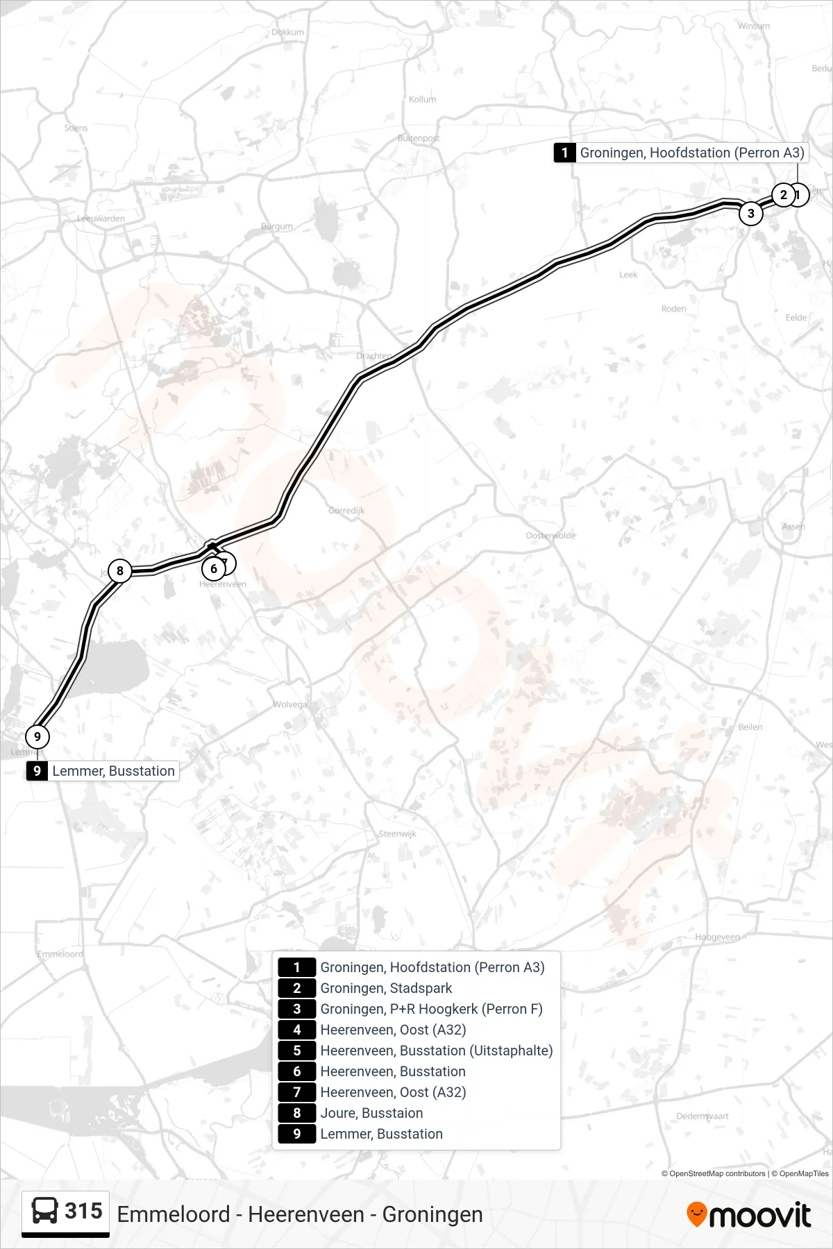 315 bus Line (Lemmer) route and stops on a map