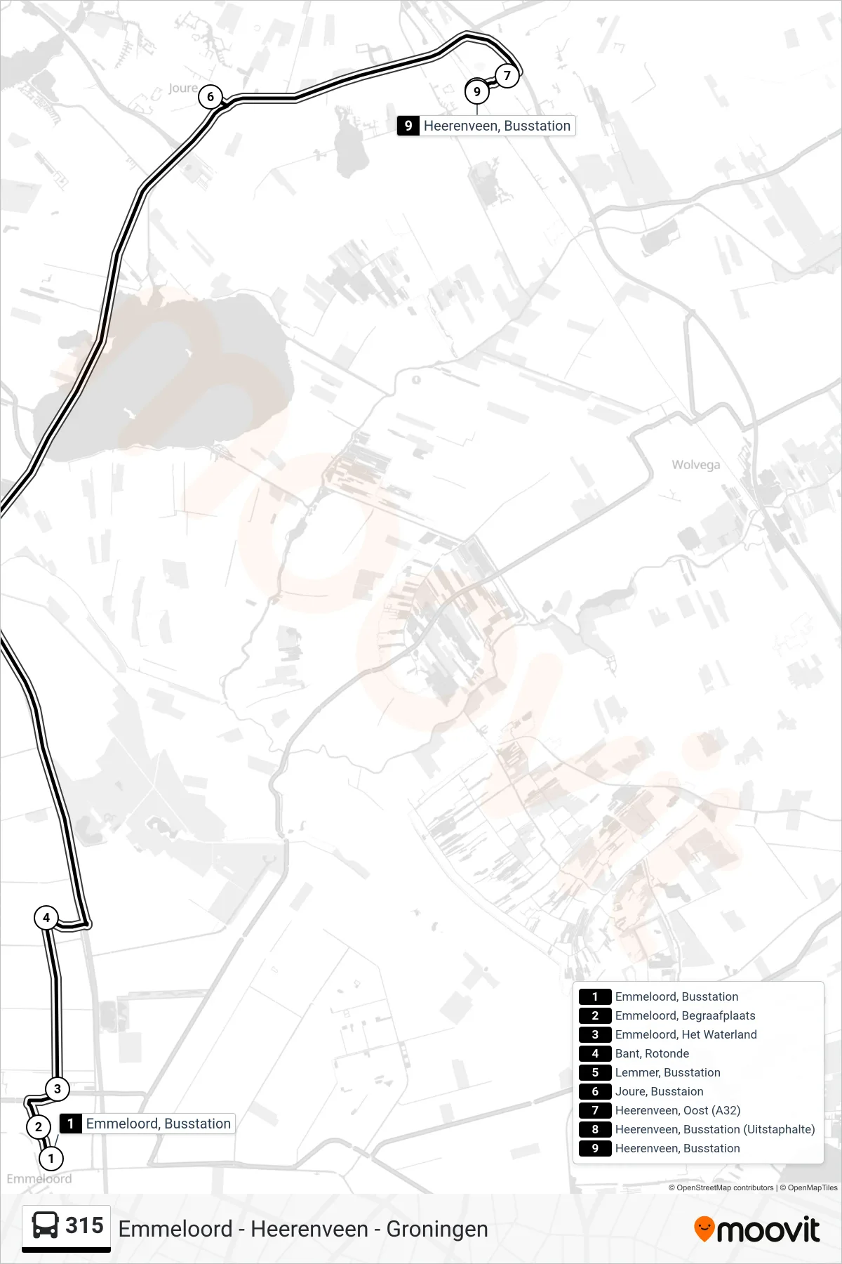 315 bus Line (Heerenveen) route and stops on a map