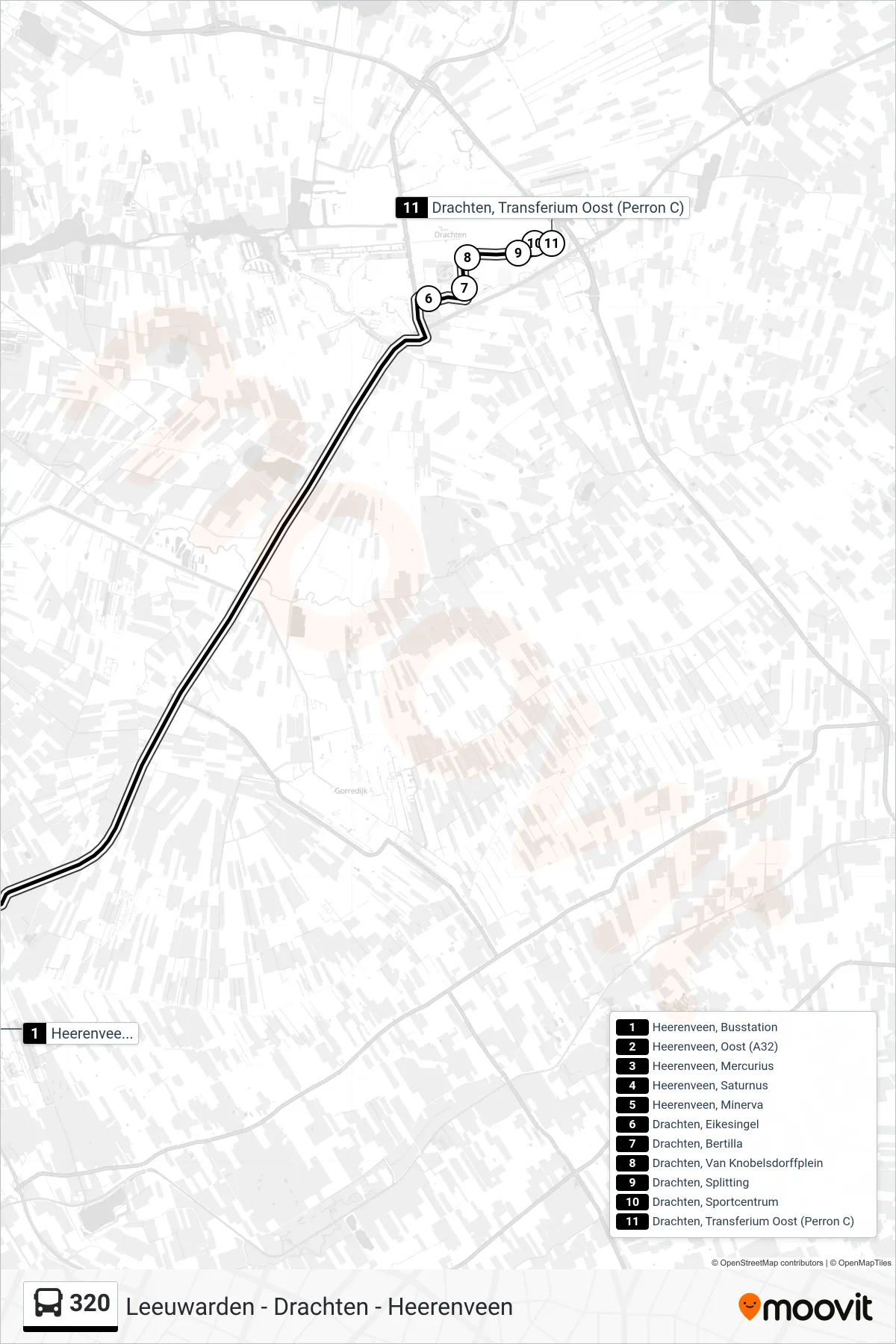 Lijn 320 (bus, Drachten): route en haltes op de kaart