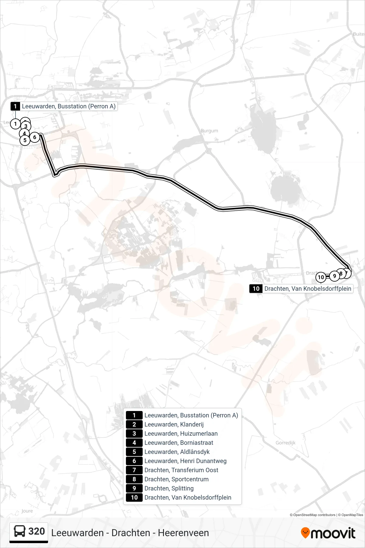 320 bus Line (Drachten) route and stops on a map