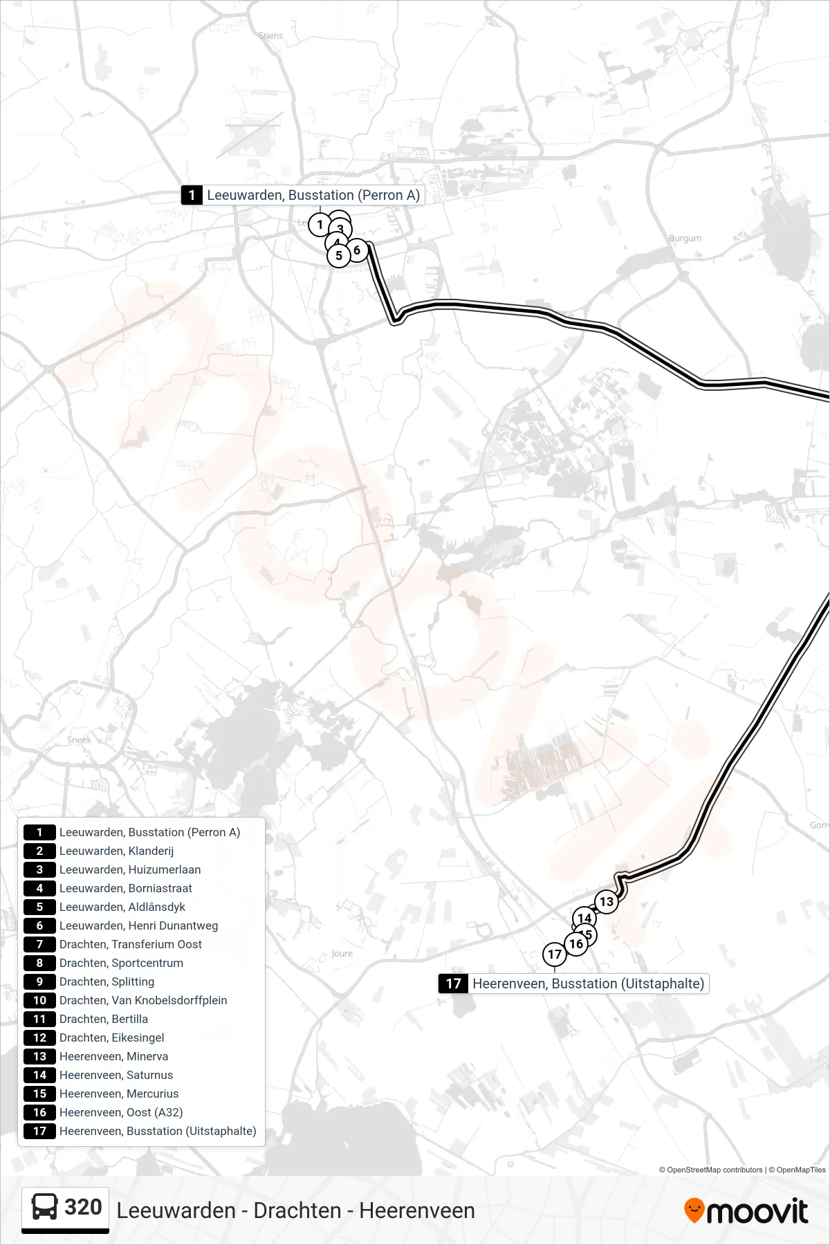 Lijn 320 (bus, Heerenveen): route en haltes op de kaart