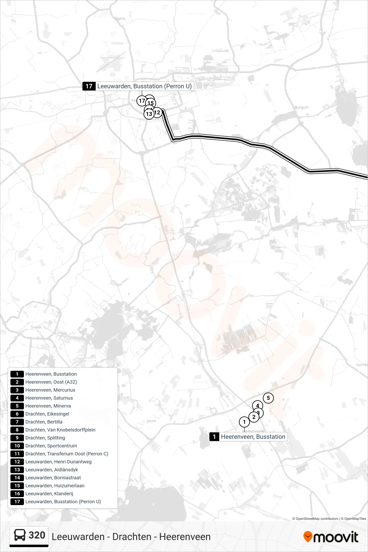 320 bus Line (Leeuwarden) route and stops on a map