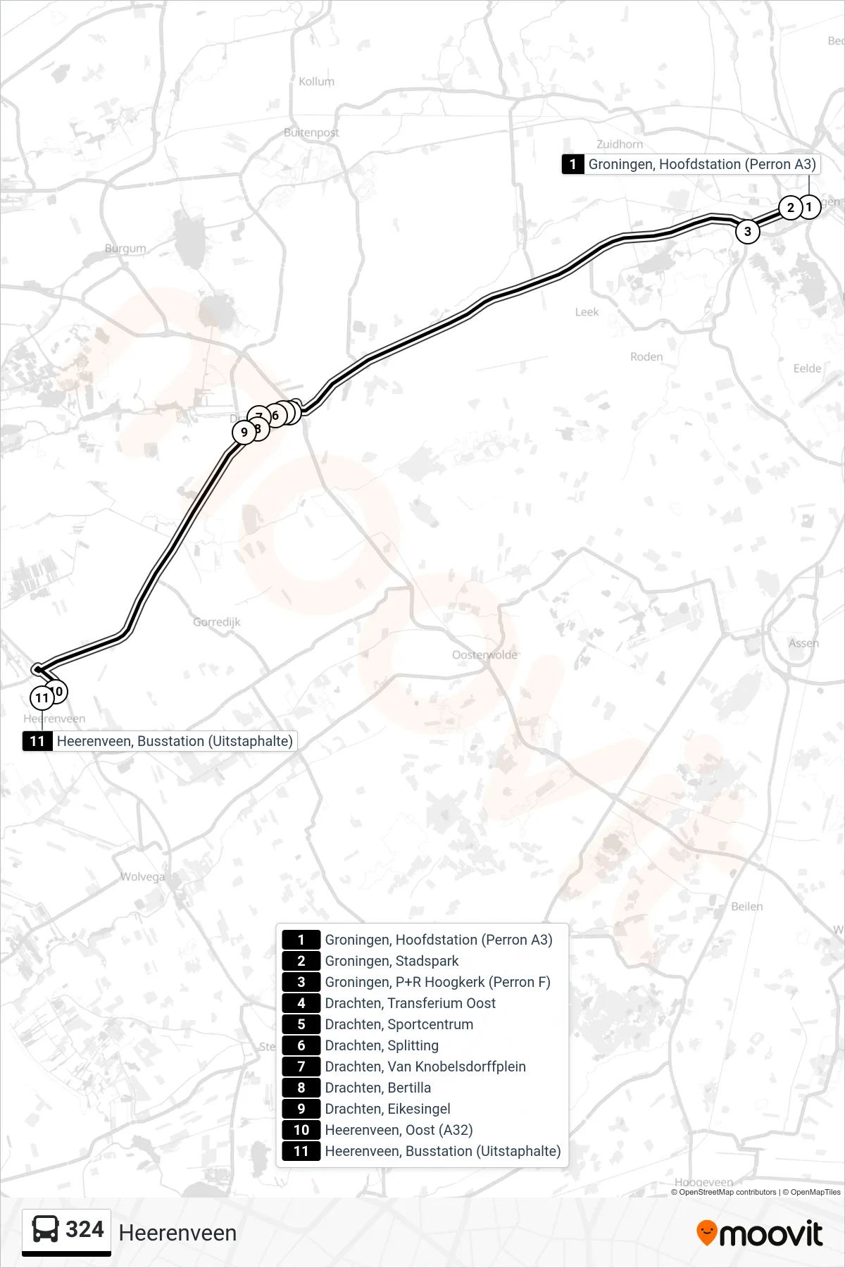 324 bus Line (Heerenveen) route and stops on a map