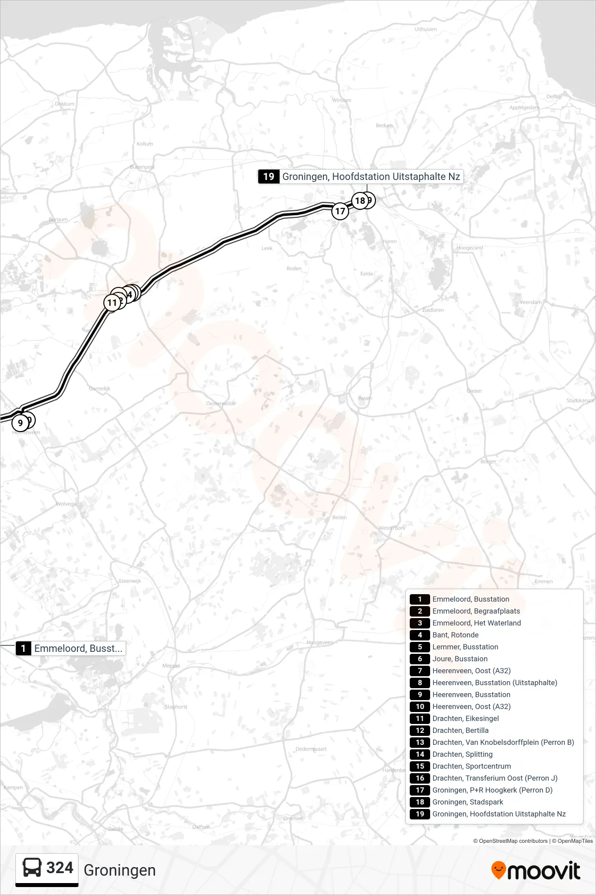 Lijn 324 (bus, Groningen): route en haltes op de kaart