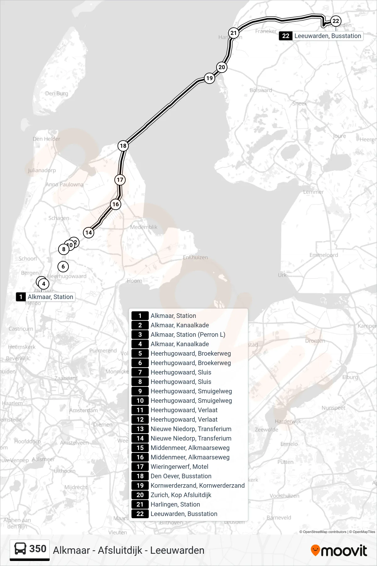 Lijn 350 (bus, Leeuwarden): route en haltes op de kaart